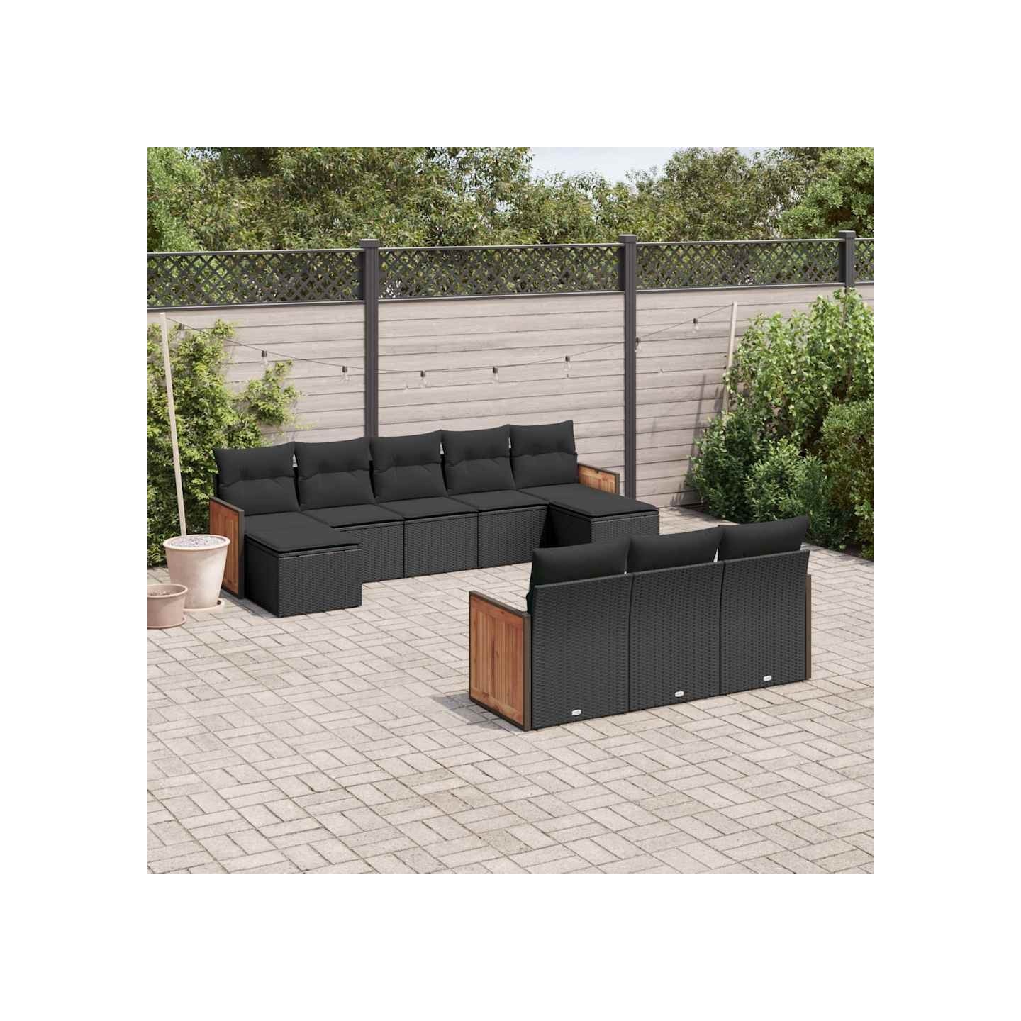 Salon de jardin 10 pcs avec coussins noir résine tressée