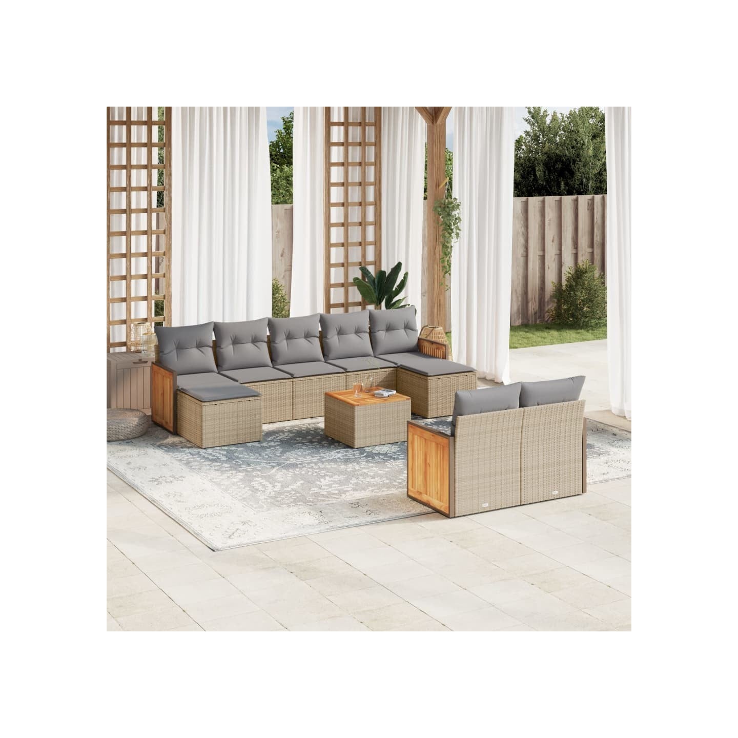 Salon de jardin avec coussins 10 pcs beige résine tressée