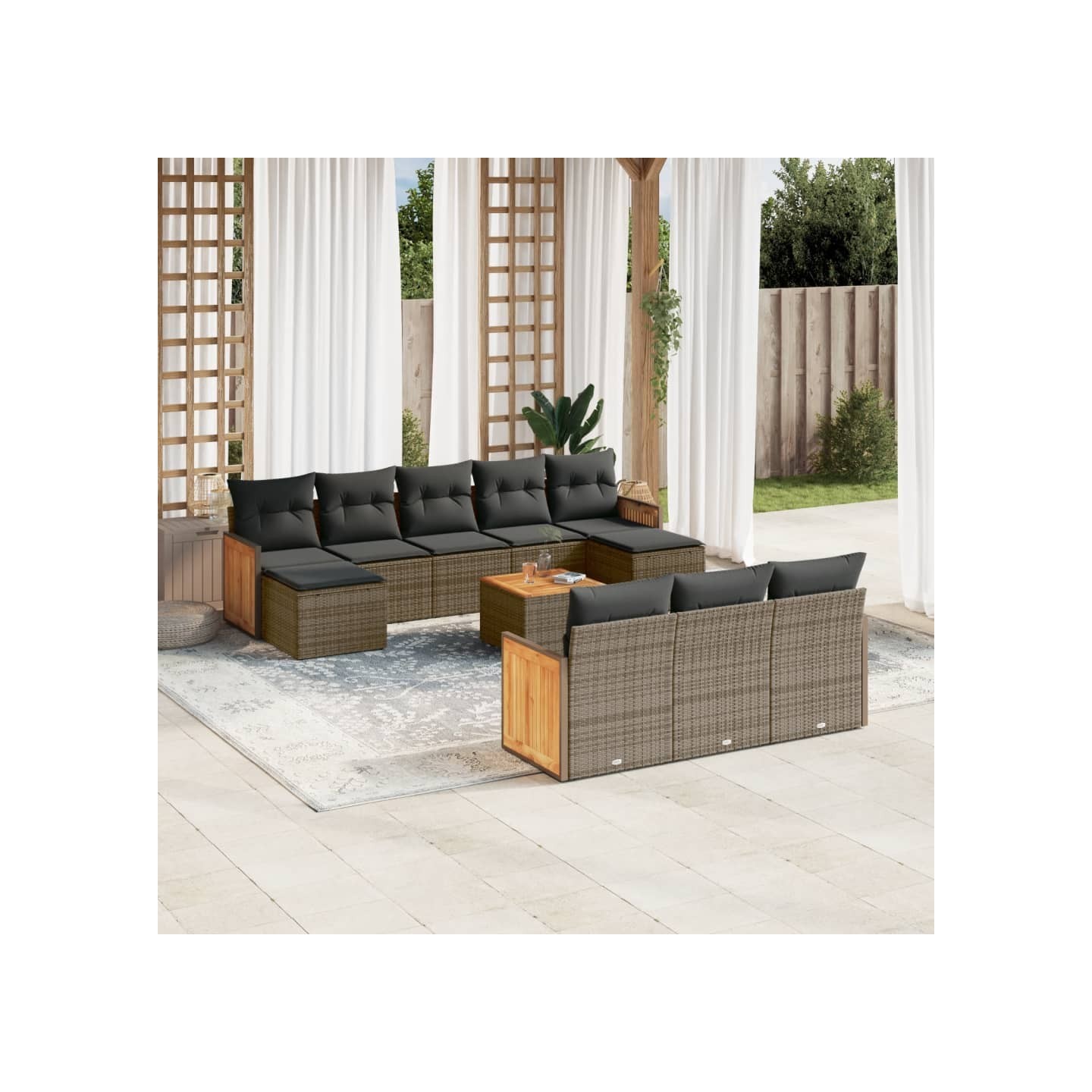 Salon de jardin 11 pcs avec coussins gris résine tressée