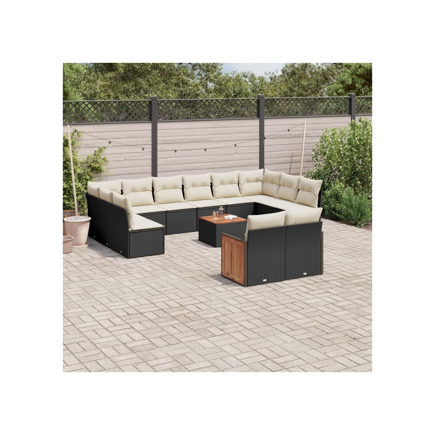 Salon de jardin avec coussins 13 pcs noir résine tressée