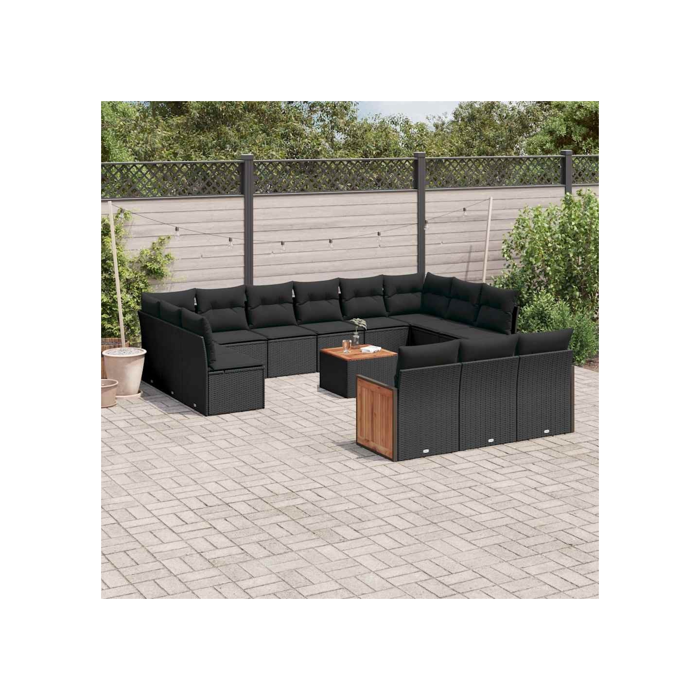 Salon de jardin avec coussins 14 pcs noir résine tressée