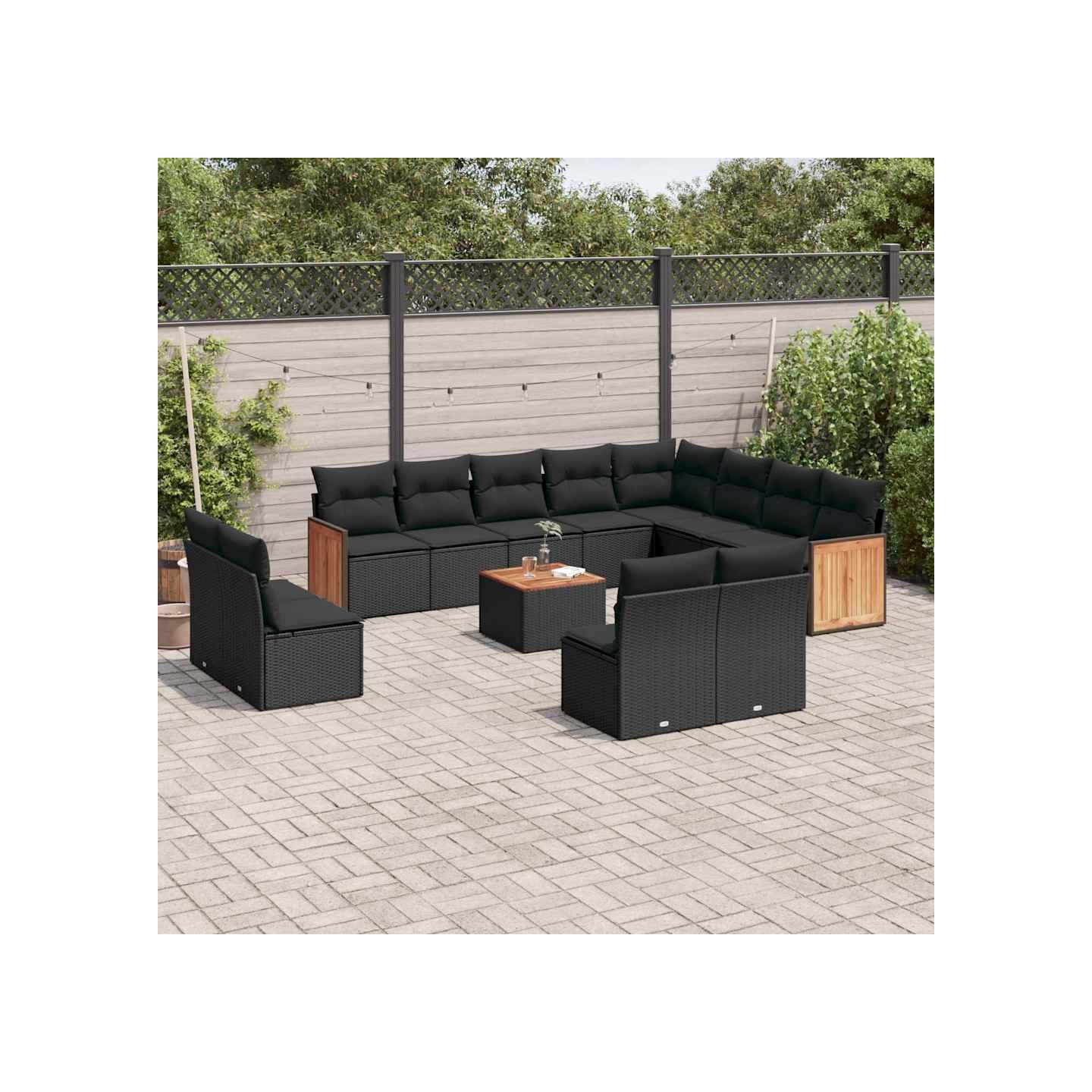 Salon de jardin avec coussins 13 pcs noir résine tressée