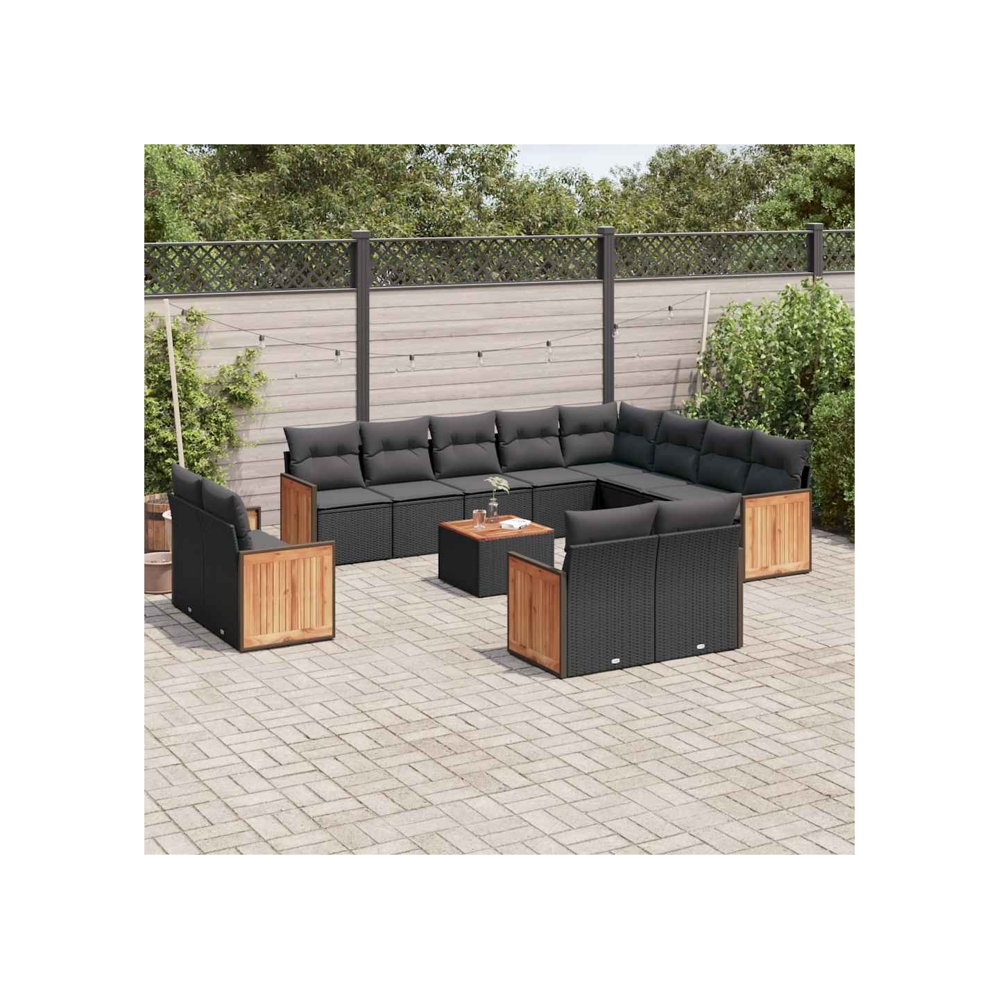 Salon de jardin avec coussins 13 pcs noir résine tressée