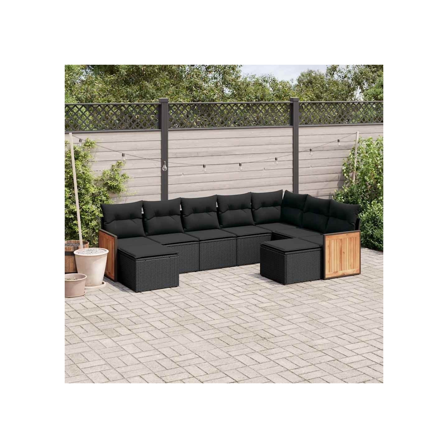 Salon de jardin 9 pcs avec coussins noir résine tressée