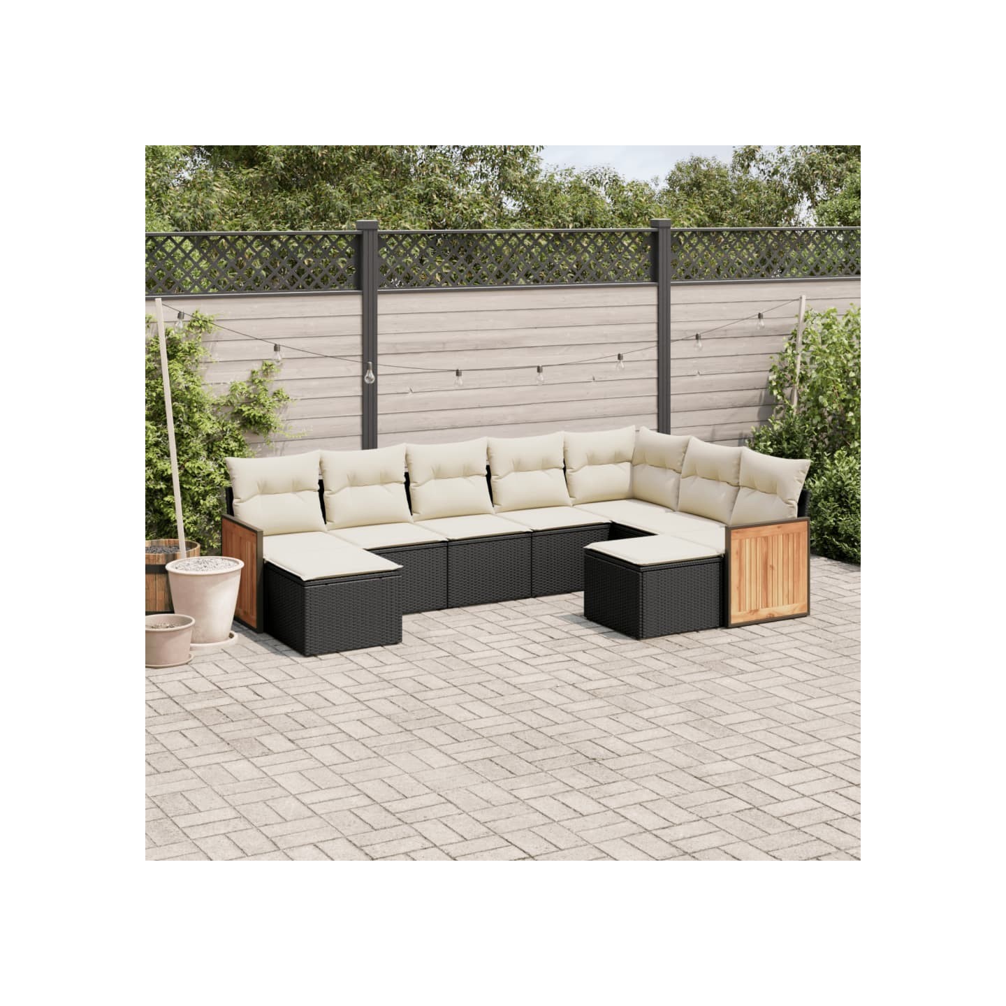 Salon de jardin 9 pcs avec coussins noir résine tressée