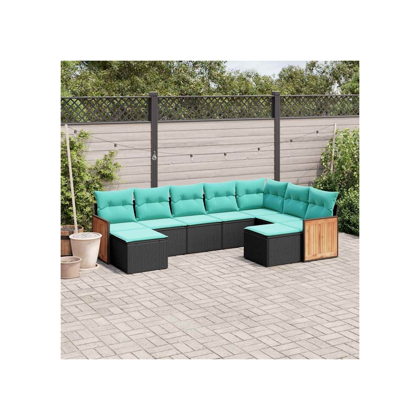 Salon de jardin 9 pcs avec coussins noir résine tressée