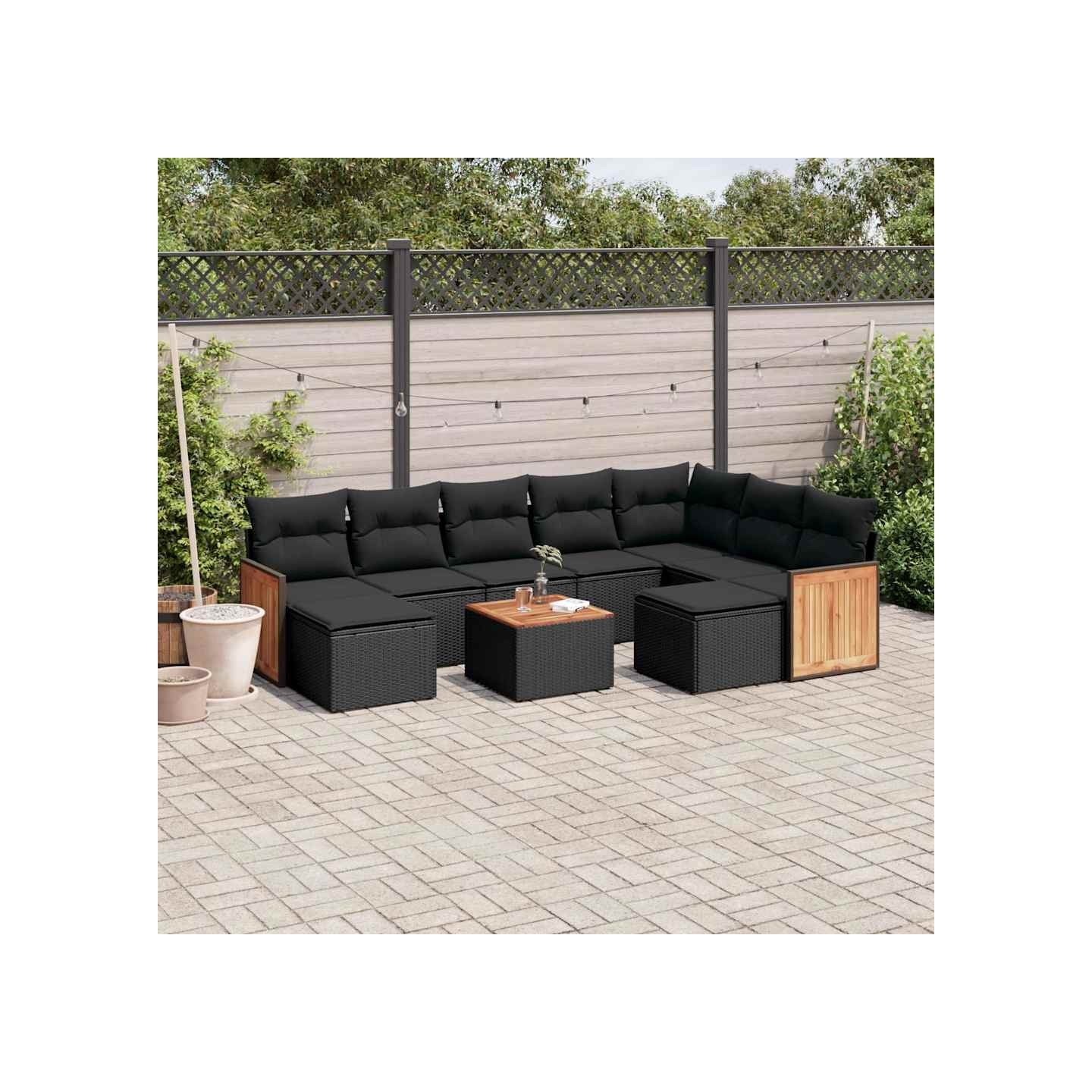 Salon de jardin 10 pcs avec coussins noir résine tressée