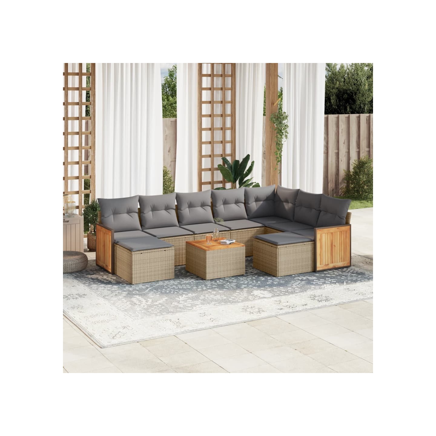 Salon de jardin avec coussins 10 pcs beige résine tressée