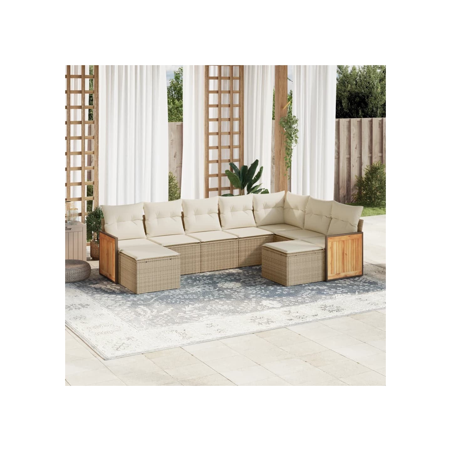 Salon de jardin avec coussins 9 pcs beige résine tressée