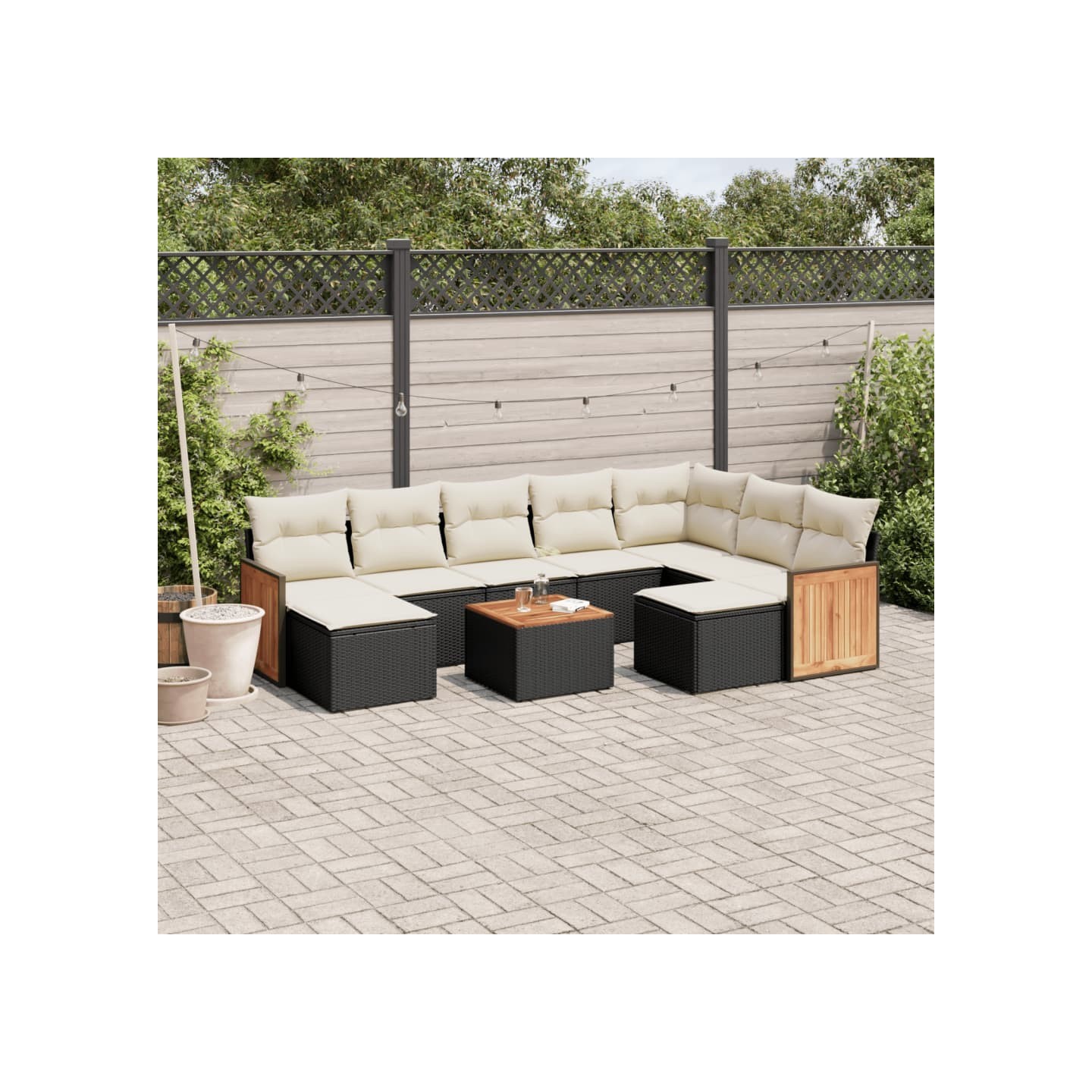 Salon de jardin 10 pcs avec coussins noir résine tressée