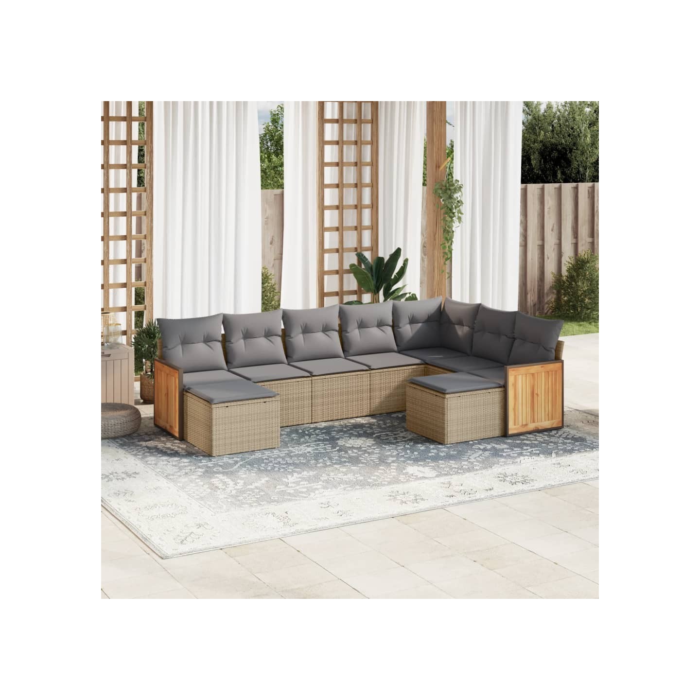 Salon de jardin avec coussins 9 pcs beige résine tressée