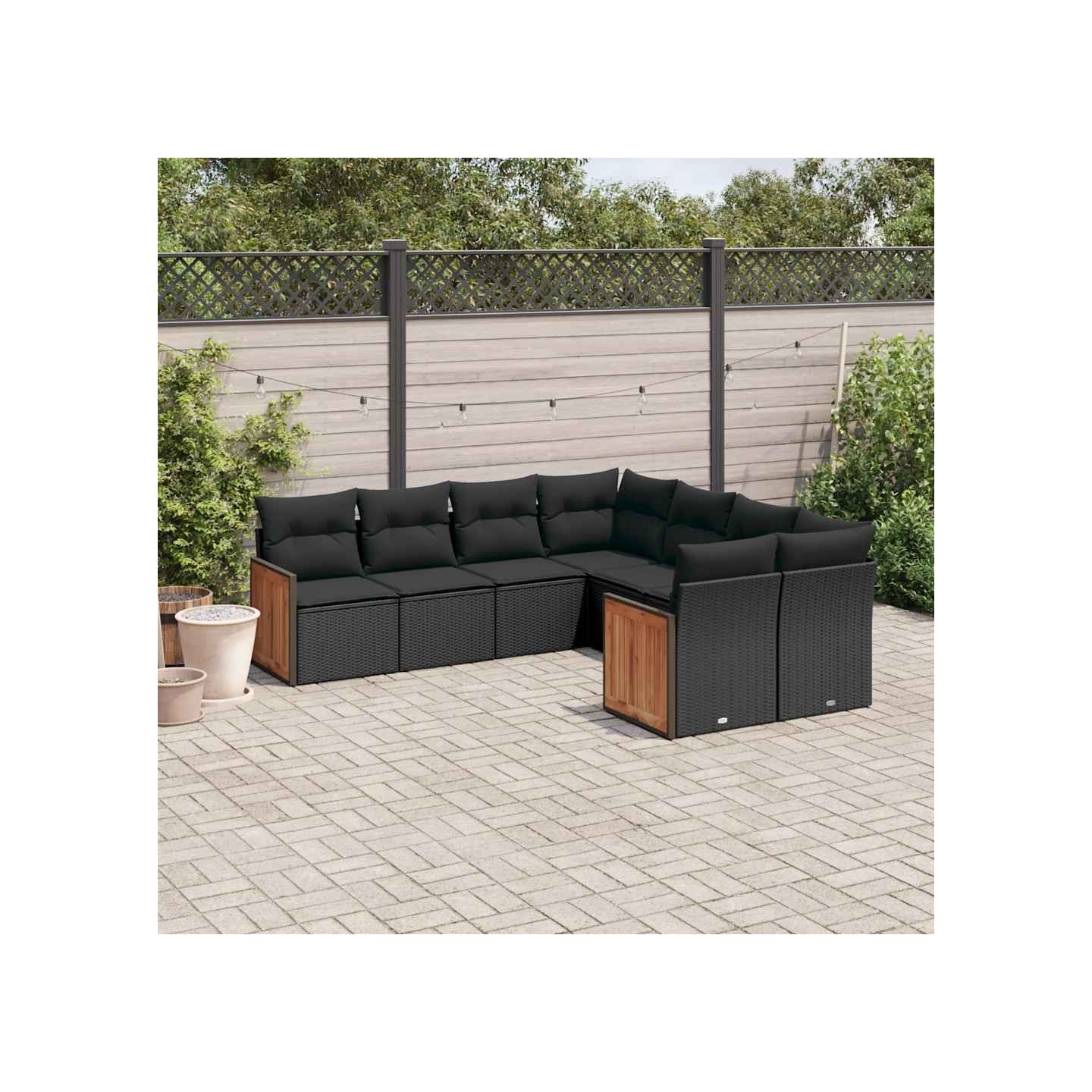 Salon de jardin 8 pcs avec coussins noir résine tressée