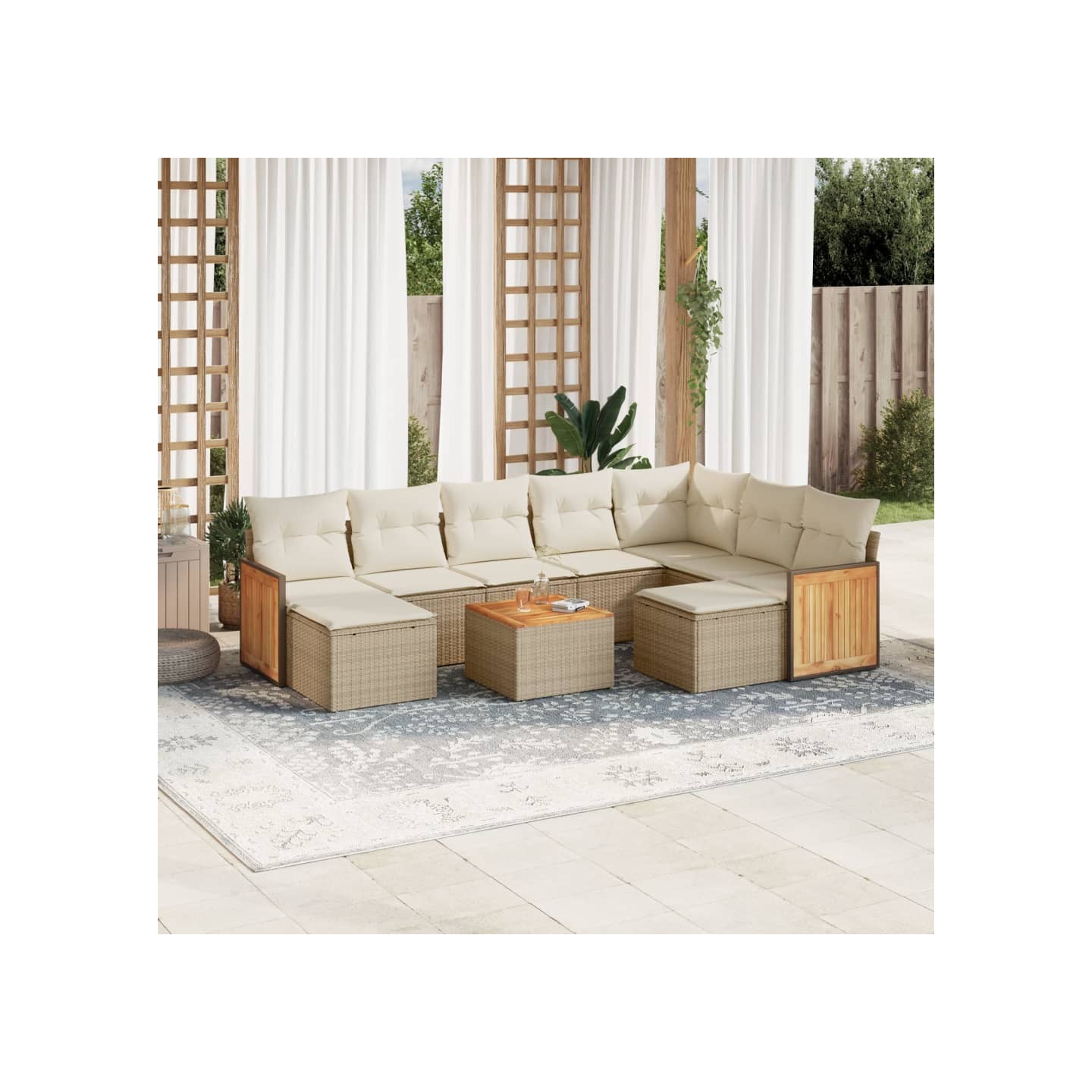 Salon de jardin avec coussins 10 pcs beige résine tressée