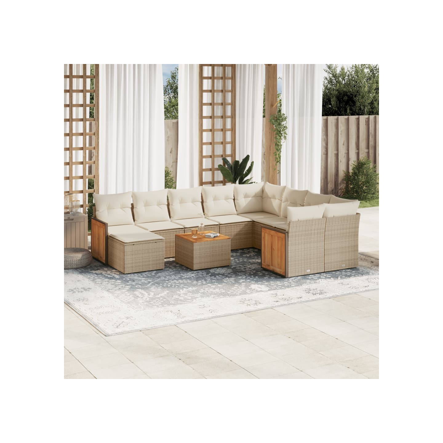 Salon de jardin 11 pcs avec coussins beige résine tressée
