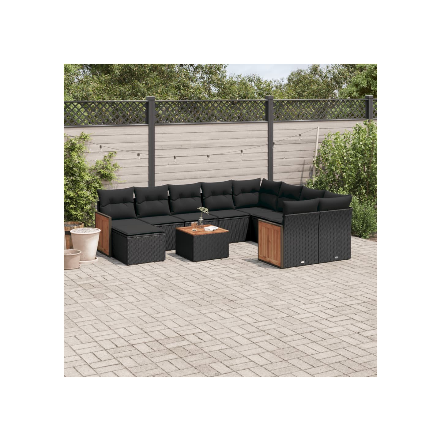 Salon de jardin 11 pcs avec coussins noir résine tressée