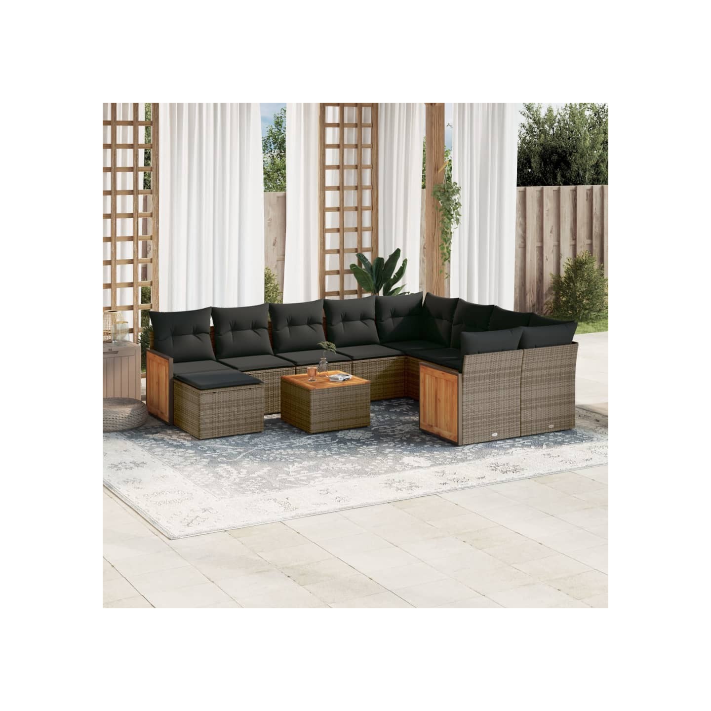 Salon de jardin 11 pcs avec coussins gris résine tressée