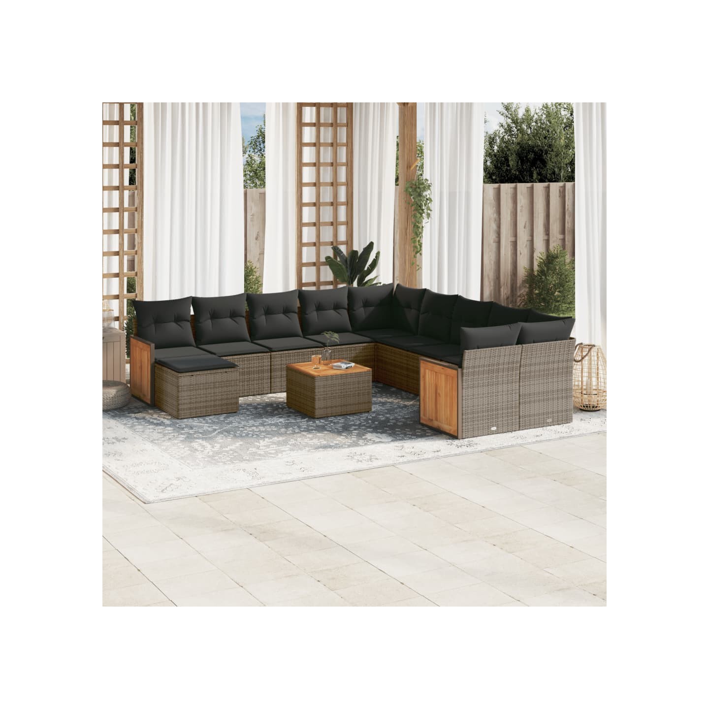 Salon de jardin avec coussins 12 pcs gris résine tressée