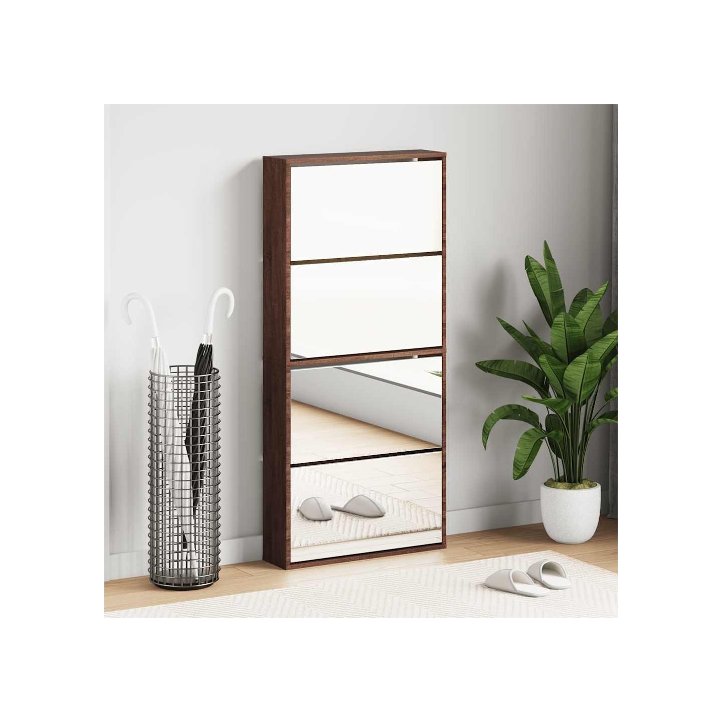 Armoire à chaussures miroir 4 niveaux chêne marron 63x17x134 cm
