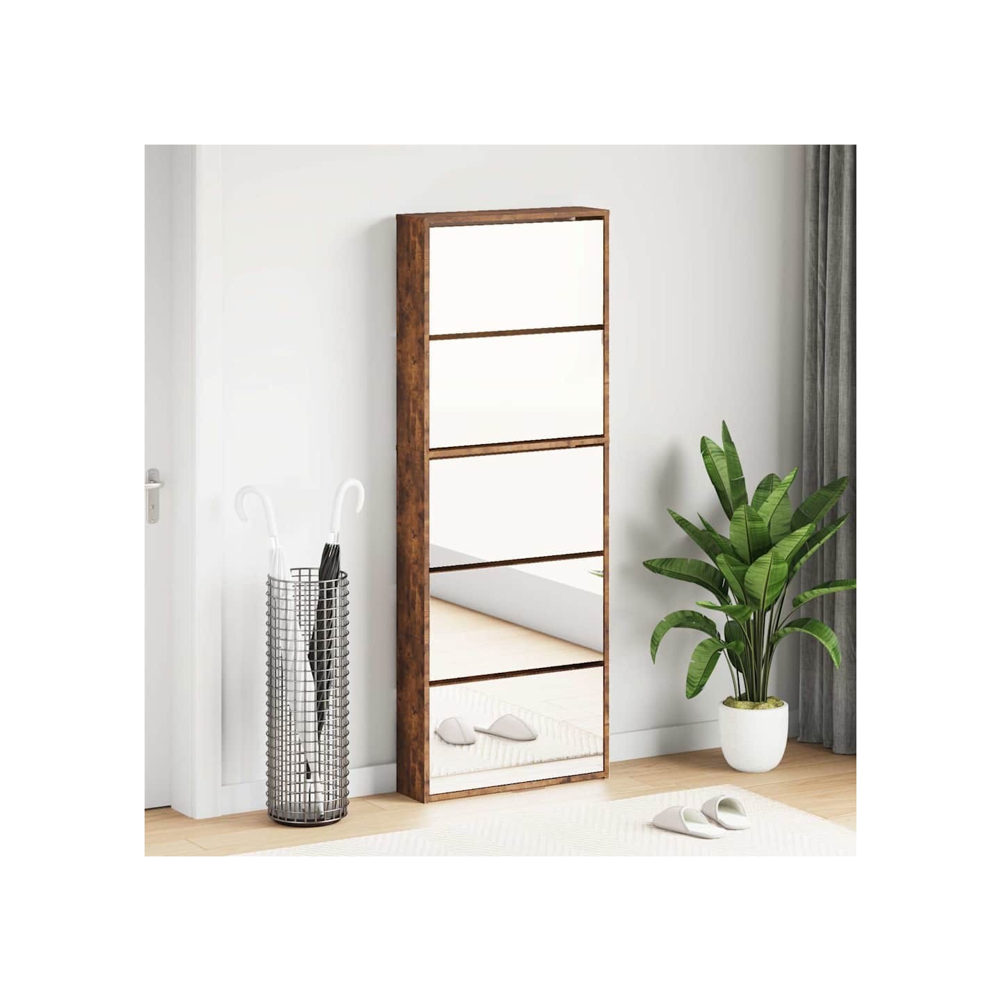 Armoire à chaussures miroir 5 niveaux chêne fumé 63x17x169,5 cm