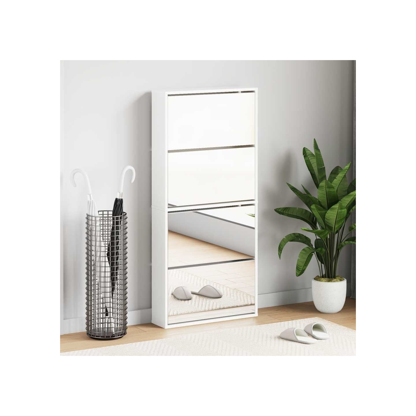 Armoire à chaussures miroir 4 niveaux blanc brillant