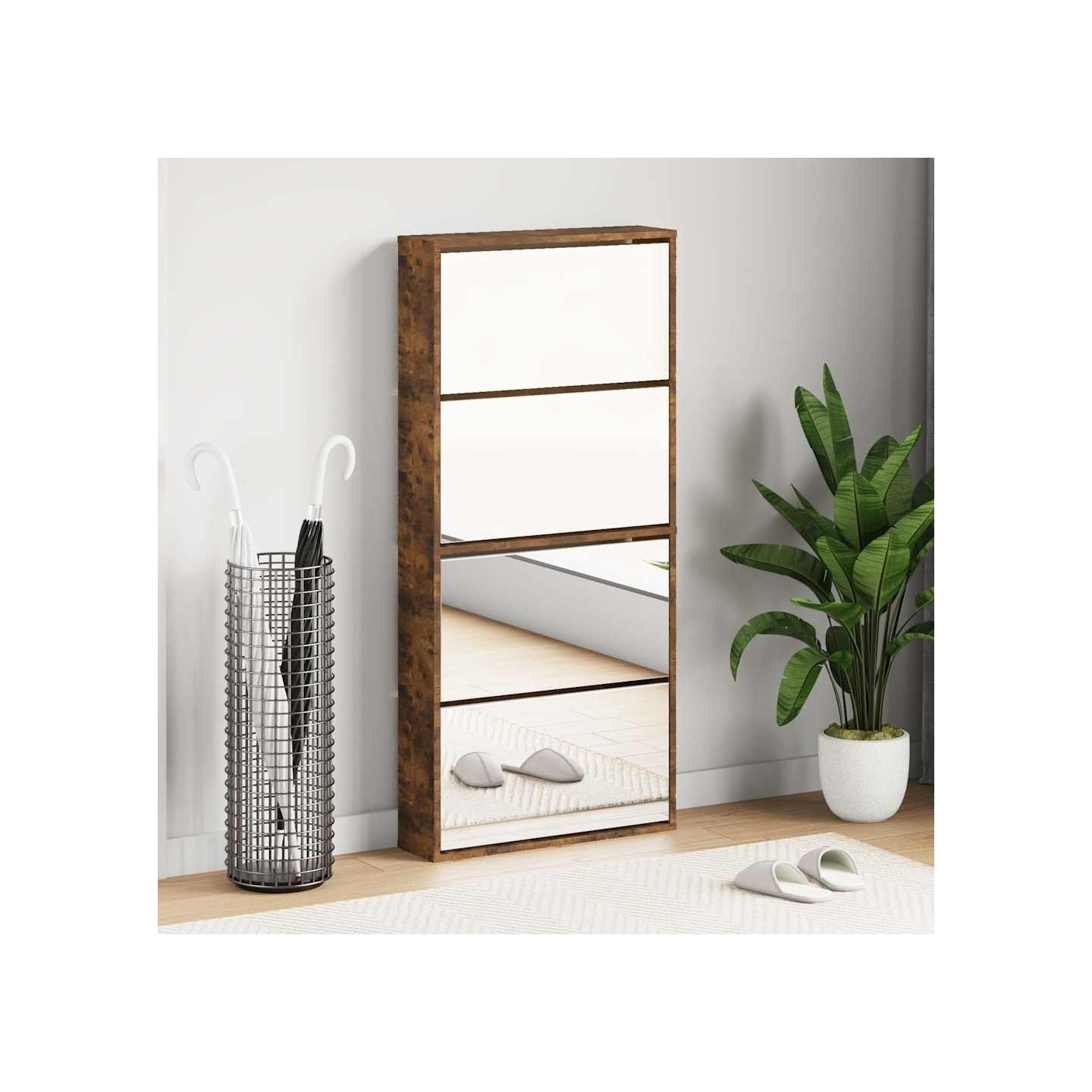 Armoire à chaussures miroir à 4 niveaux chêne fumé 63x17x134 cm