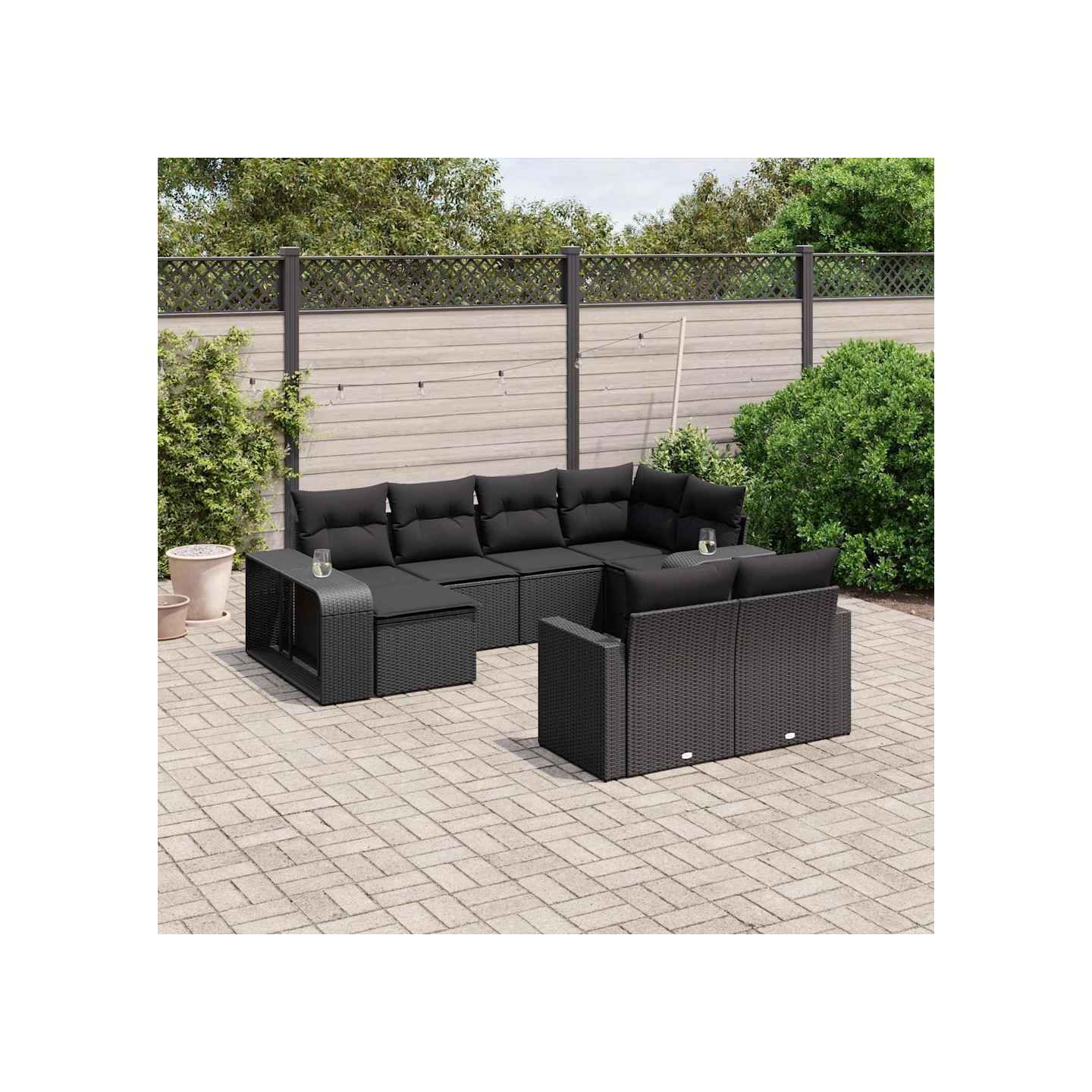 Salon de jardin 10 pcs avec coussins noir résine tressée