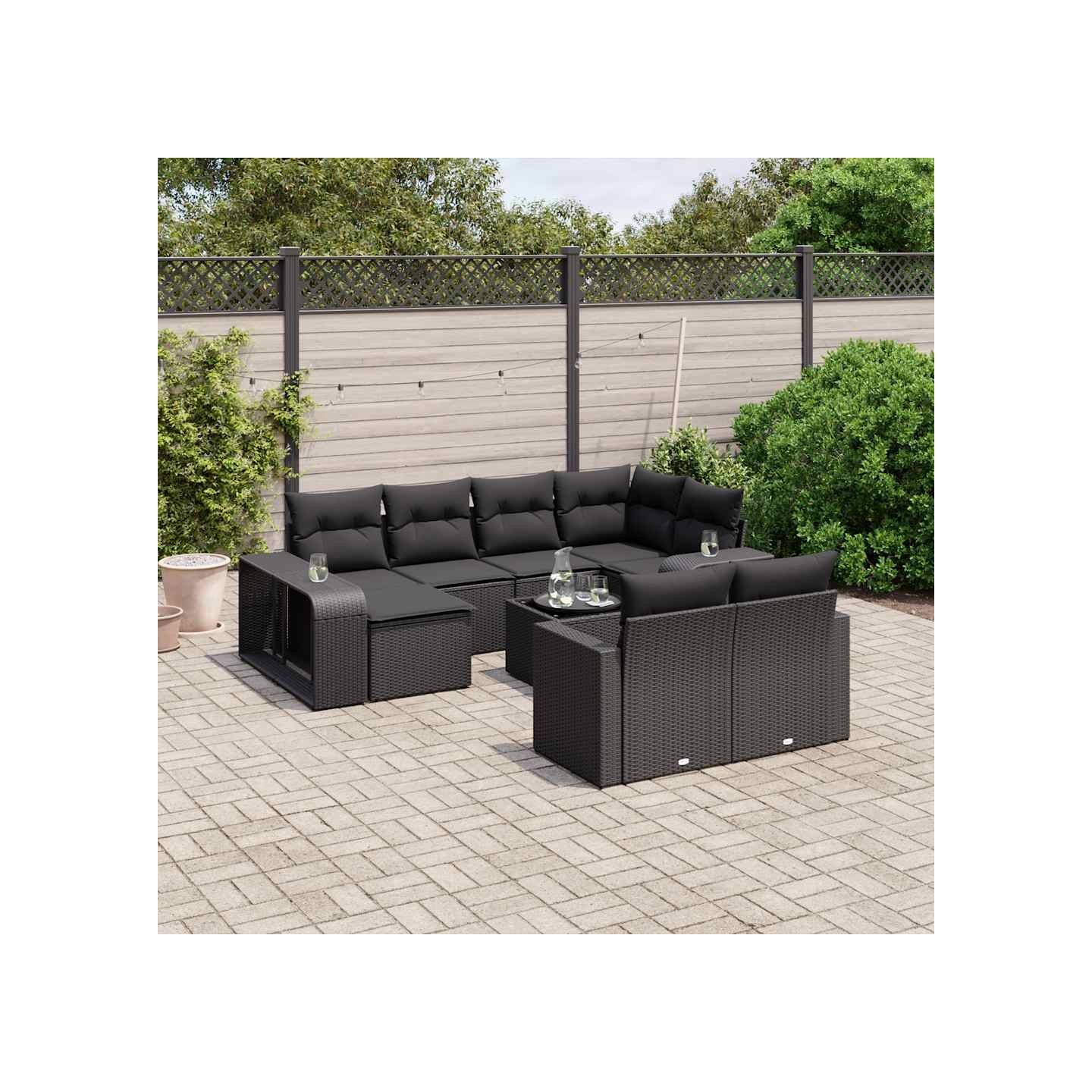 Salon de jardin 11 pcs avec coussins noir résine tressée
