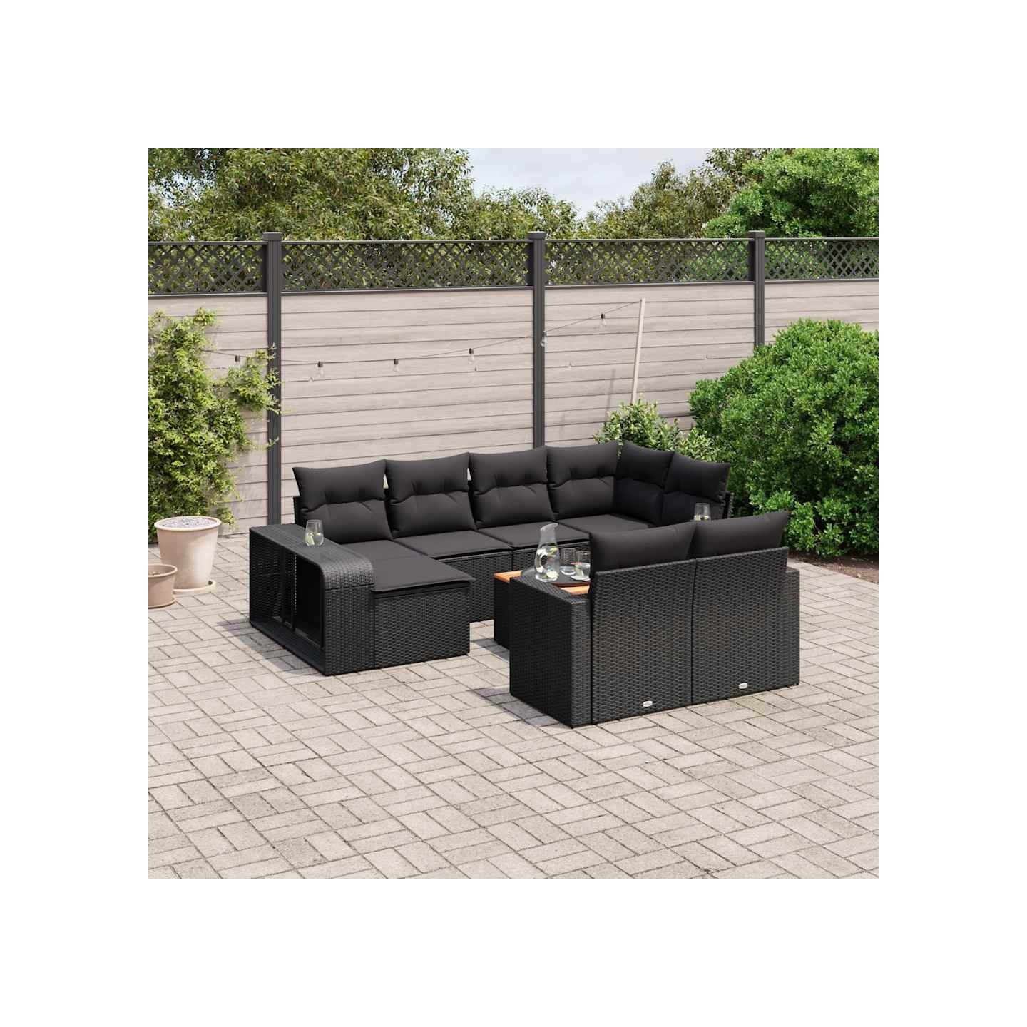 Salon de jardin 11 pcs avec coussins noir résine tressée