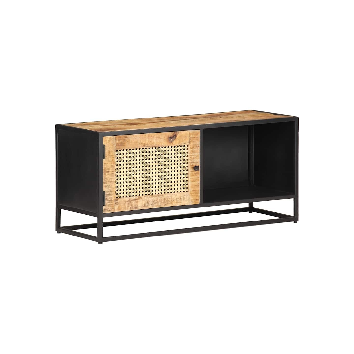 Meuble TV 90x30x40 cm Bois de manguier brut et canne naturelle