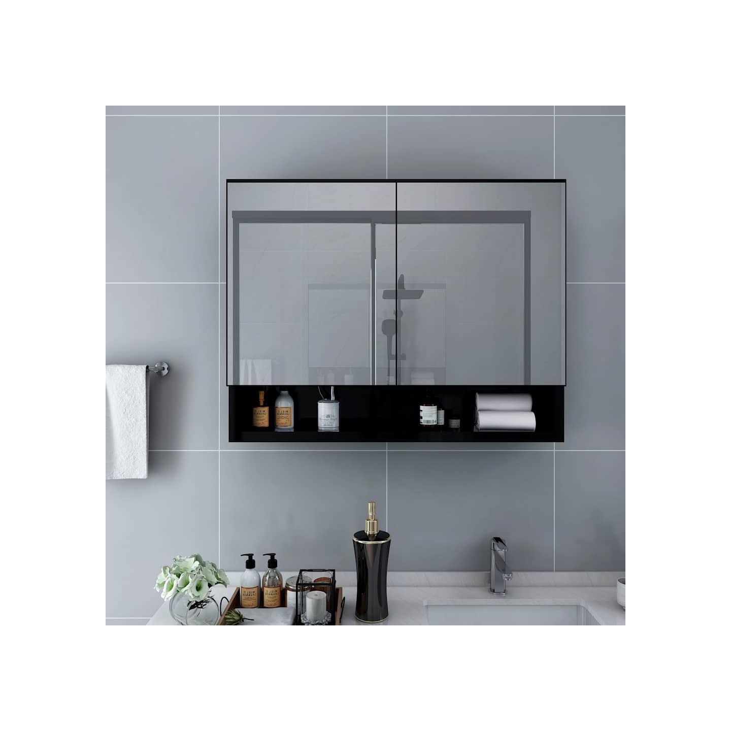 Armoire à miroir de salle de bain LED Noir 80x15x60 cm MDF