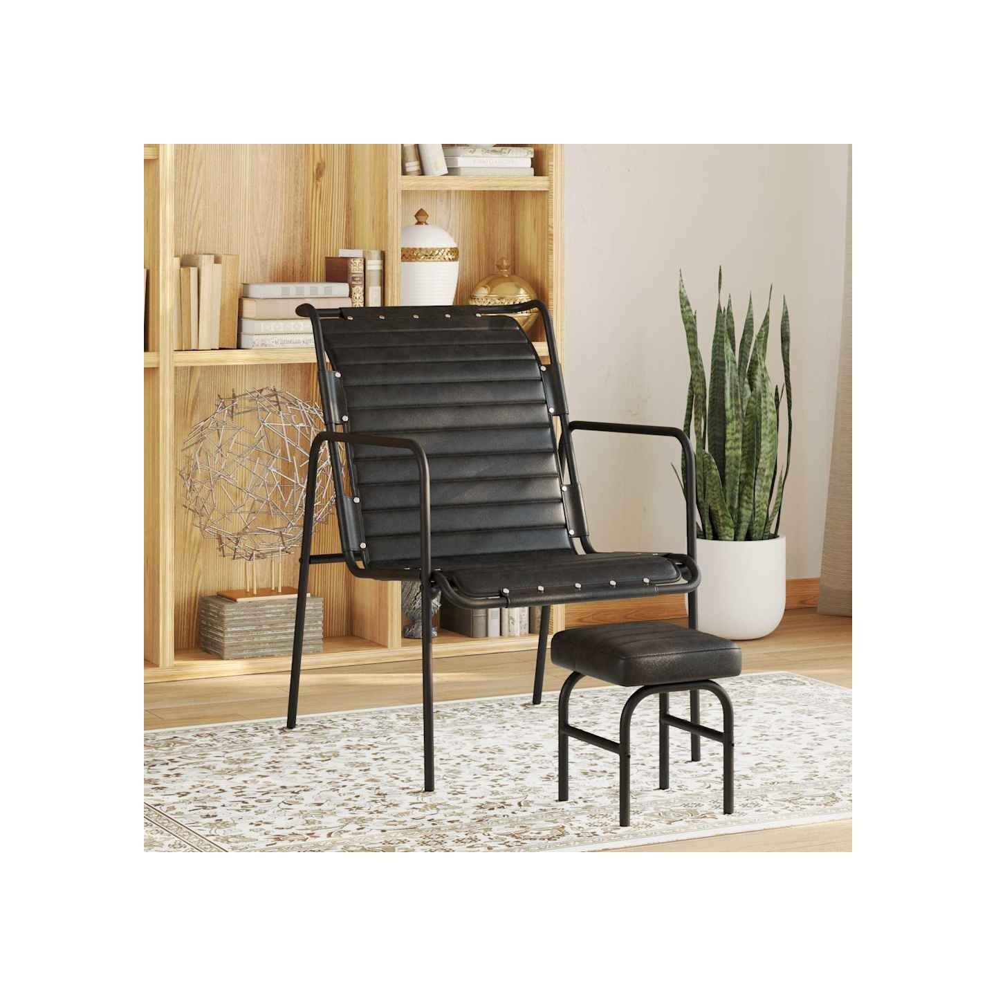 Fauteuil de relaxation avec repose-pied Noir Cuir véritable