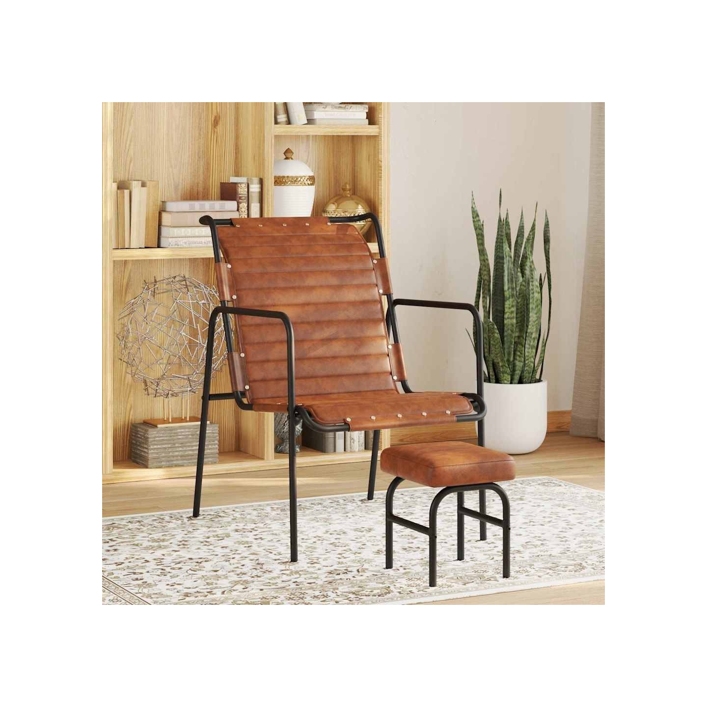 Fauteuil de relaxation avec repose-pied Marron Cuir véritable