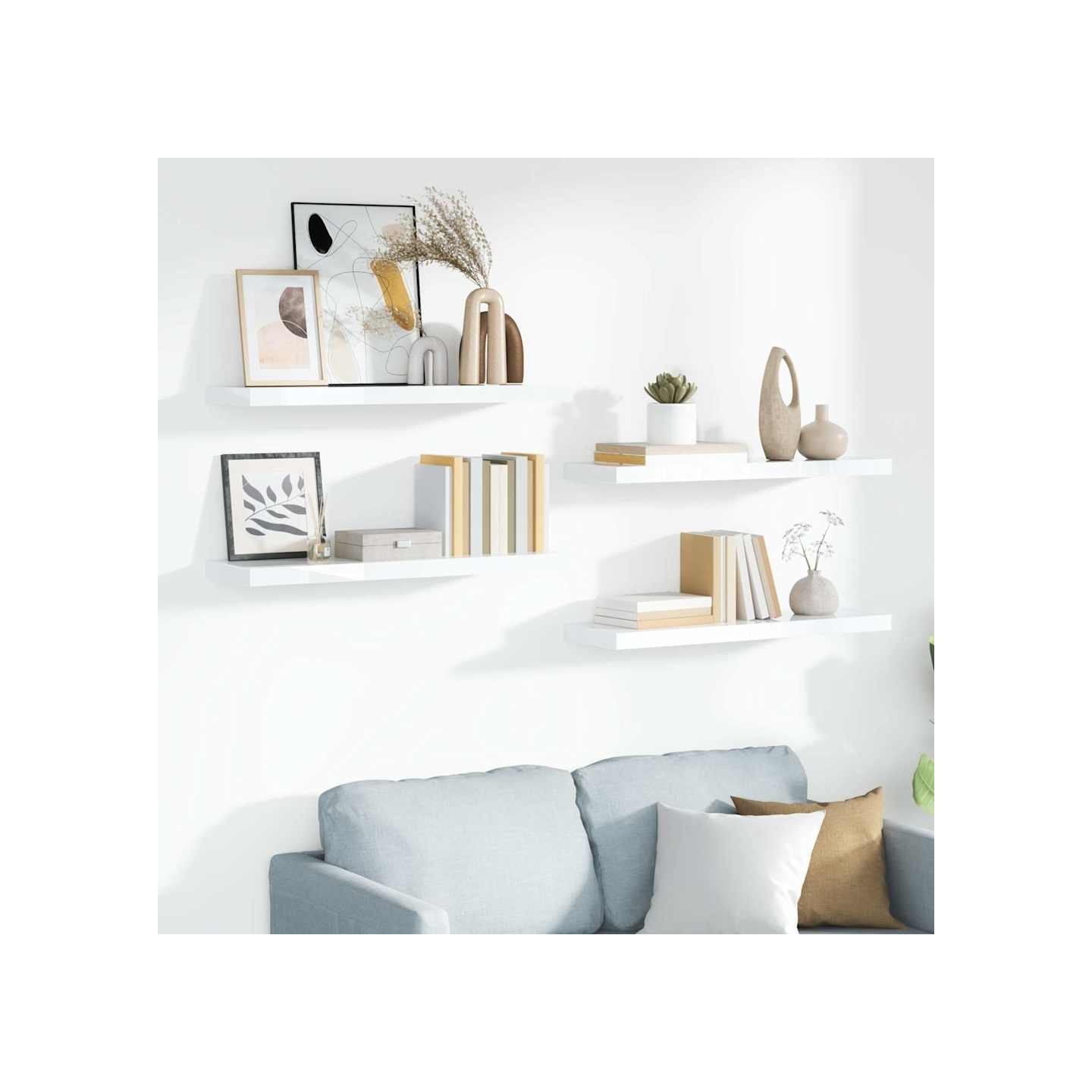 Étagère murale flottante 4 pcs Blanc brillant 90x23,5x3,8cm MDF