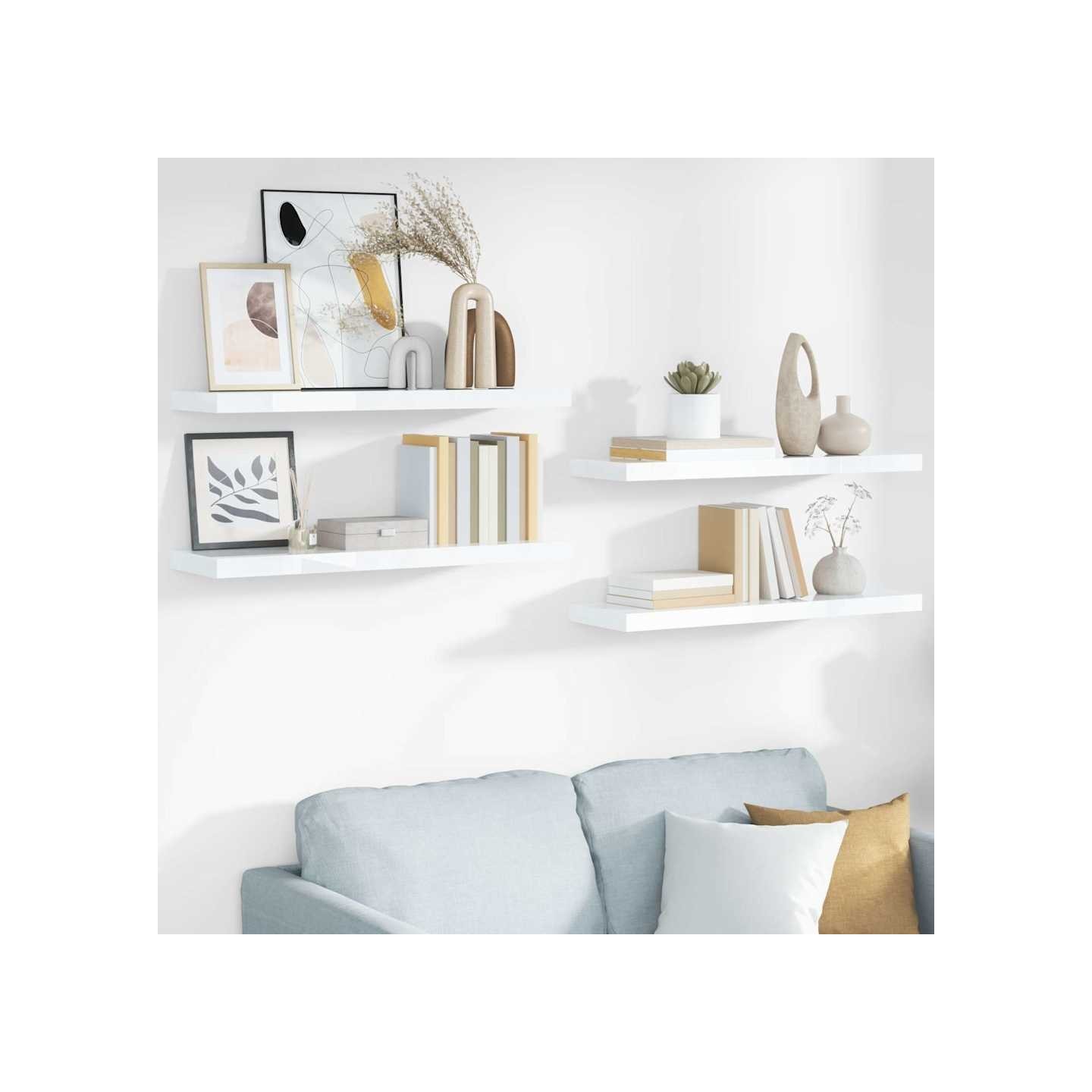 Étagère murale flottante 4 pcs Blanc brillant 80x23,5x3,8cm MDF