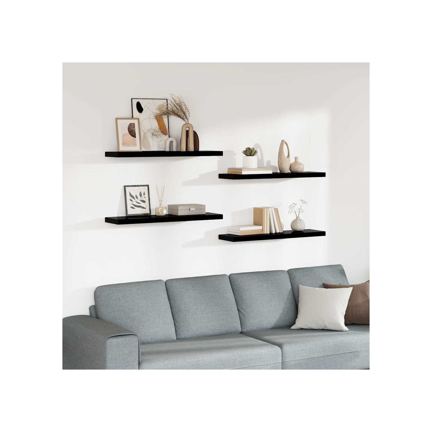 Étagère murale flottante 4 pcs Noir brillant 90x23,5x3,8 cm MDF