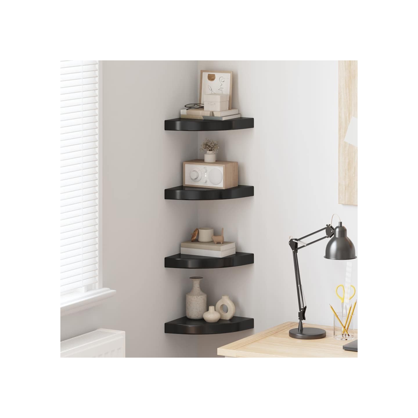 Étagères d'angle flottantes 4 pcs noir brillant 25x25x3,8cm MDF