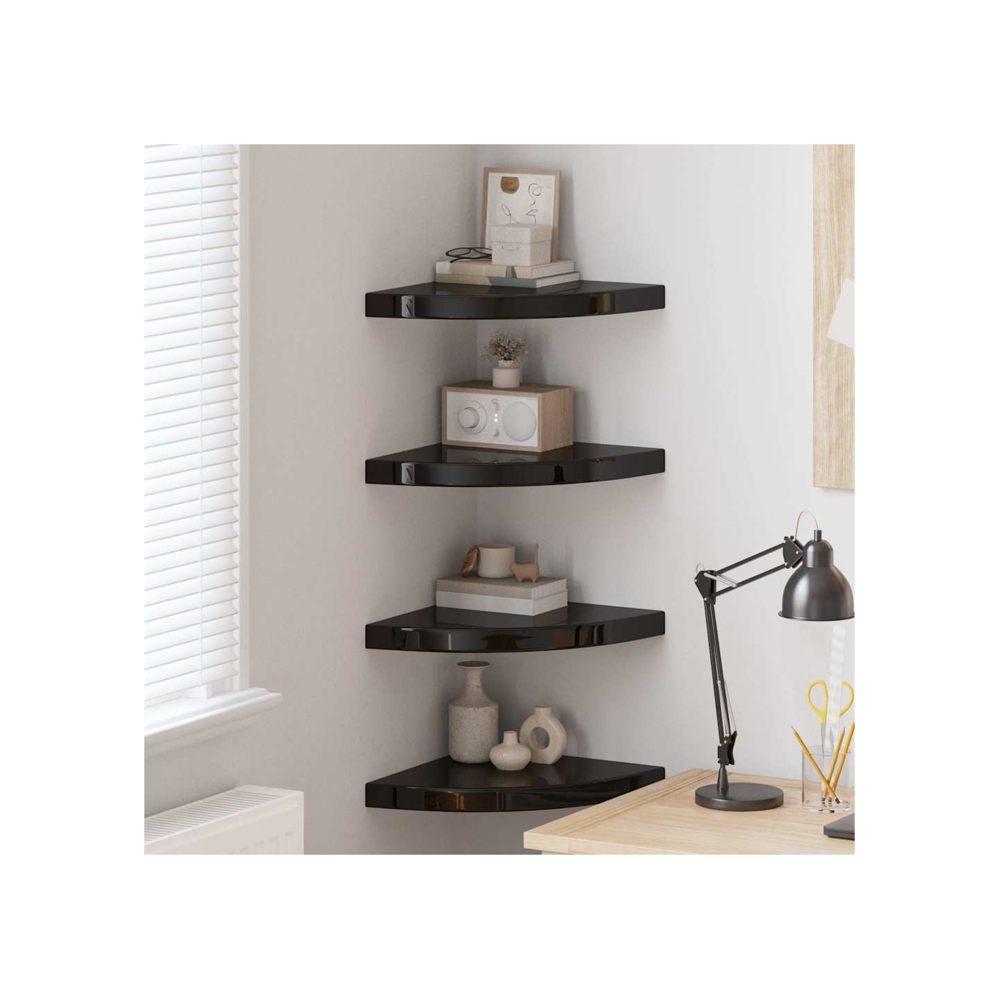 Étagères d'angle flottantes 4 pcs noir brillant 35x35x3,8cm MDF