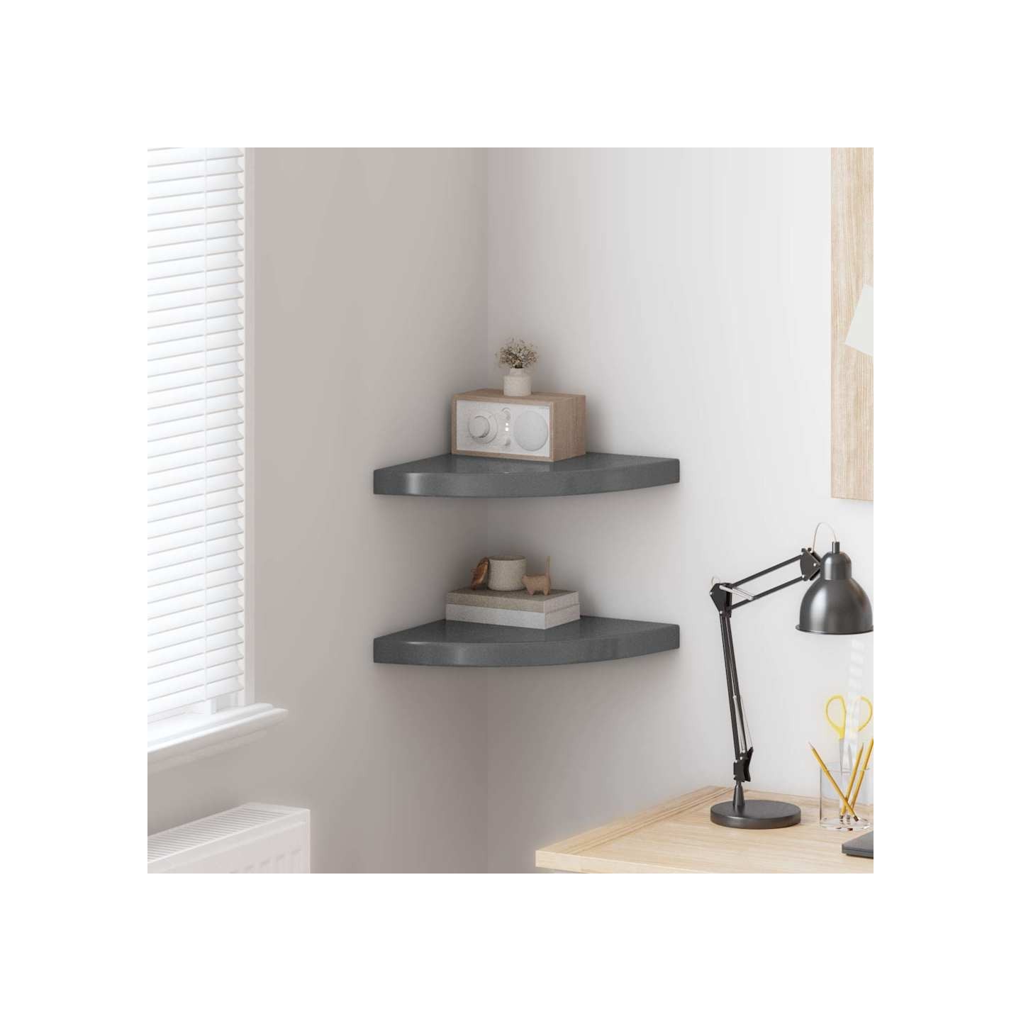 Étagères d'angle flottantes 2pcs gris brillant 35x35x3,8 cm MDF