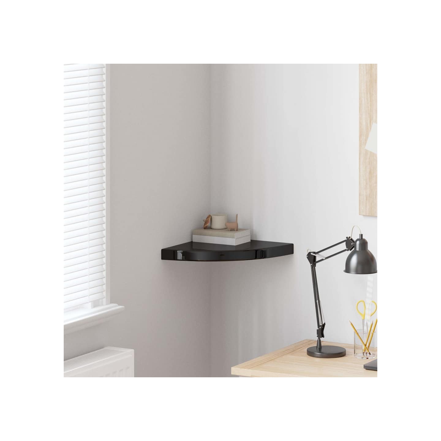 Étagère d'angle flottante noir brillant 35x35x3,8 cm MDF