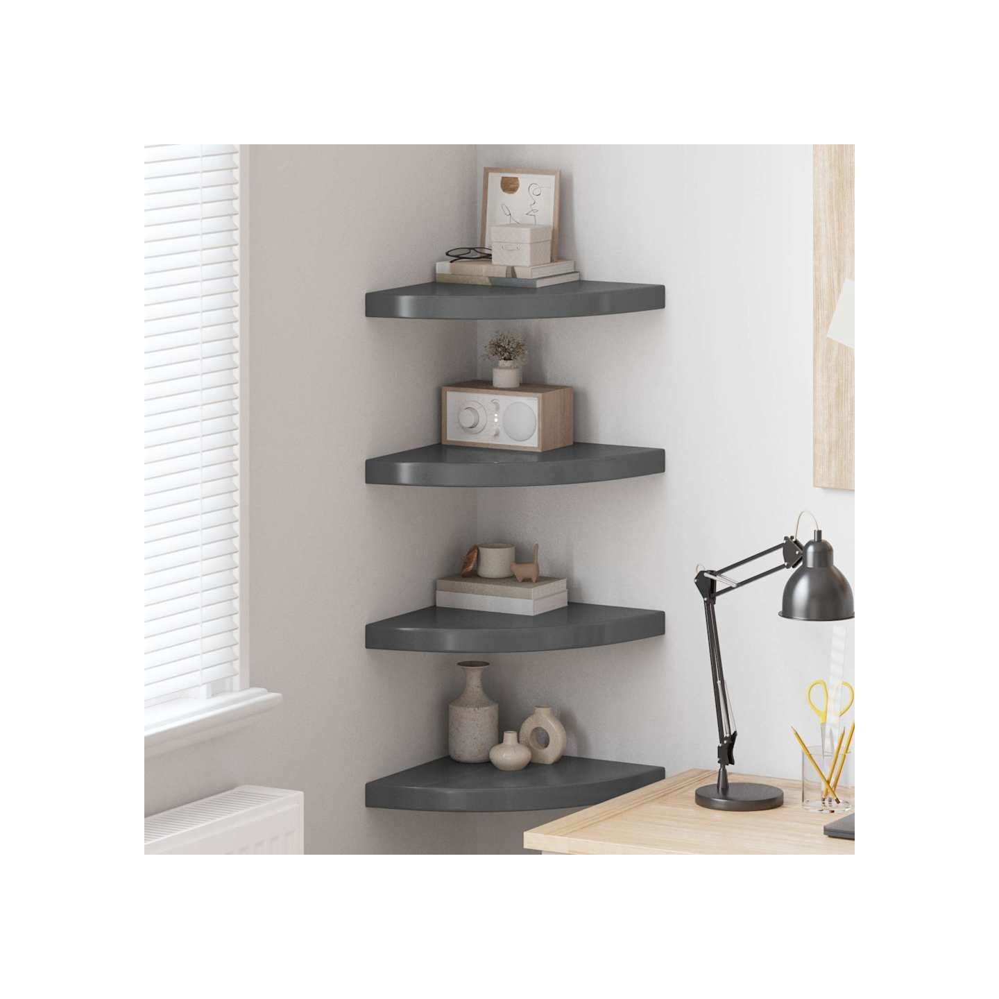 Étagères d'angle flottantes 4 pcs gris brillant 35x35x3,8cm MDF