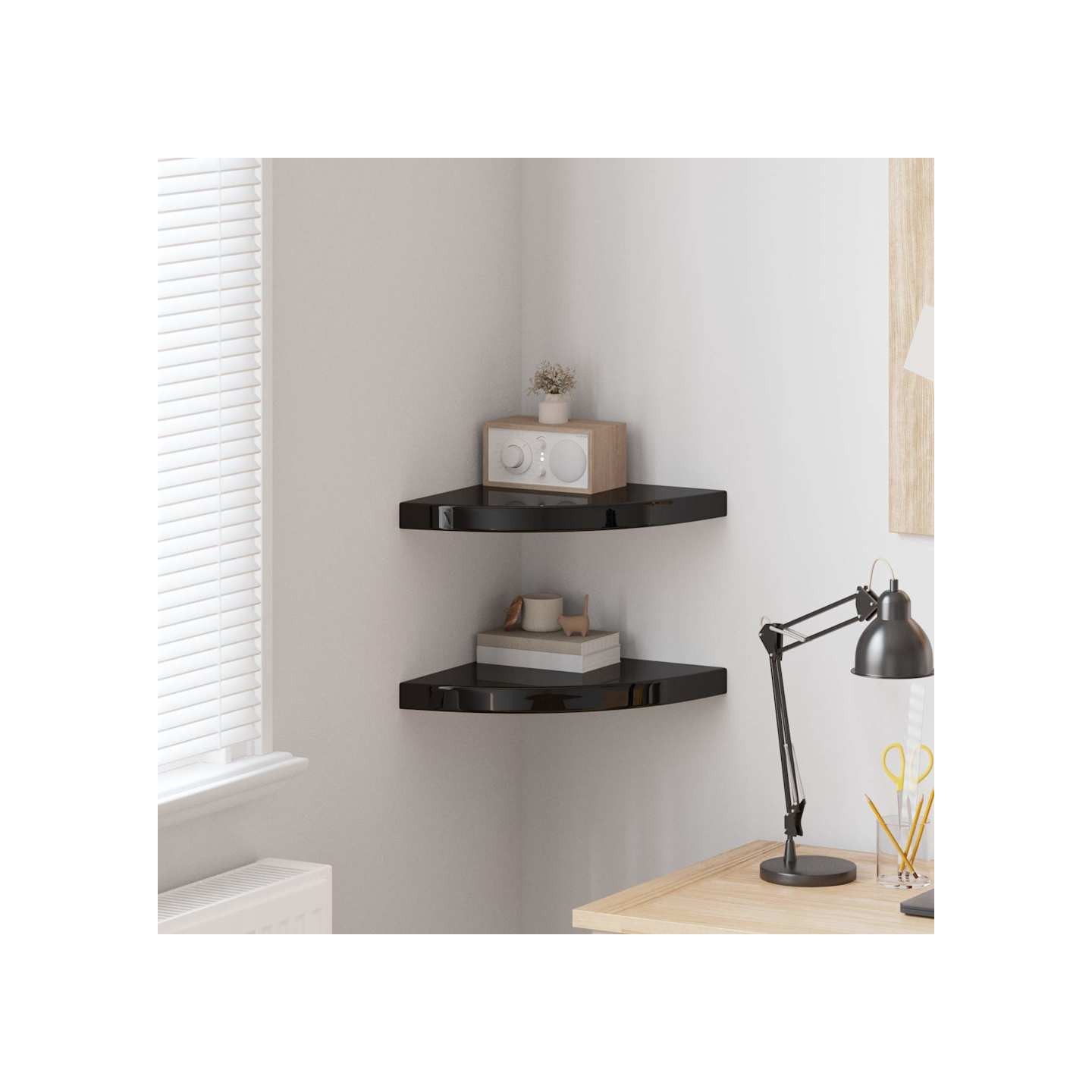 Étagères d'angle flottantes 2pcs noir brillant 35x35x3,8 cm MDF
