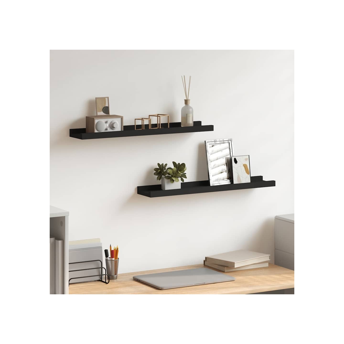 Étagères à rebord pour cadre photo 2 pcs Noir 60x9x3 cm MDF