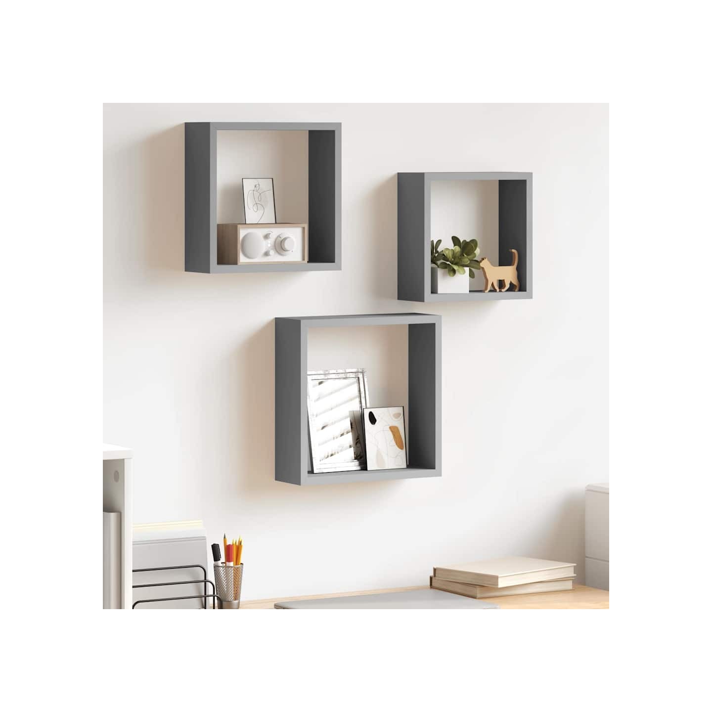 Étagères murales sous forme de cube 3 pcs Gris MDF