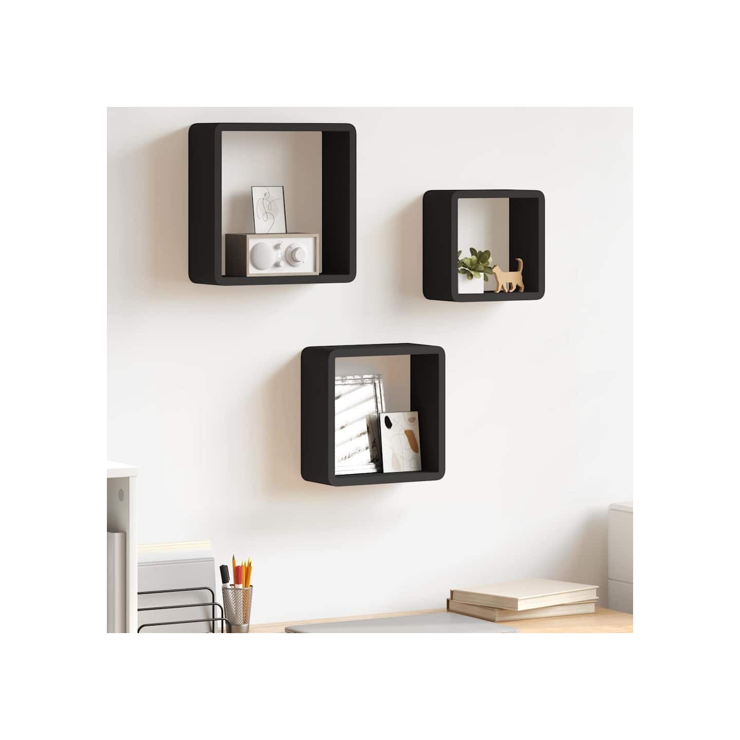 Étagères murales sous forme de cube 3 pcs Noir MDF