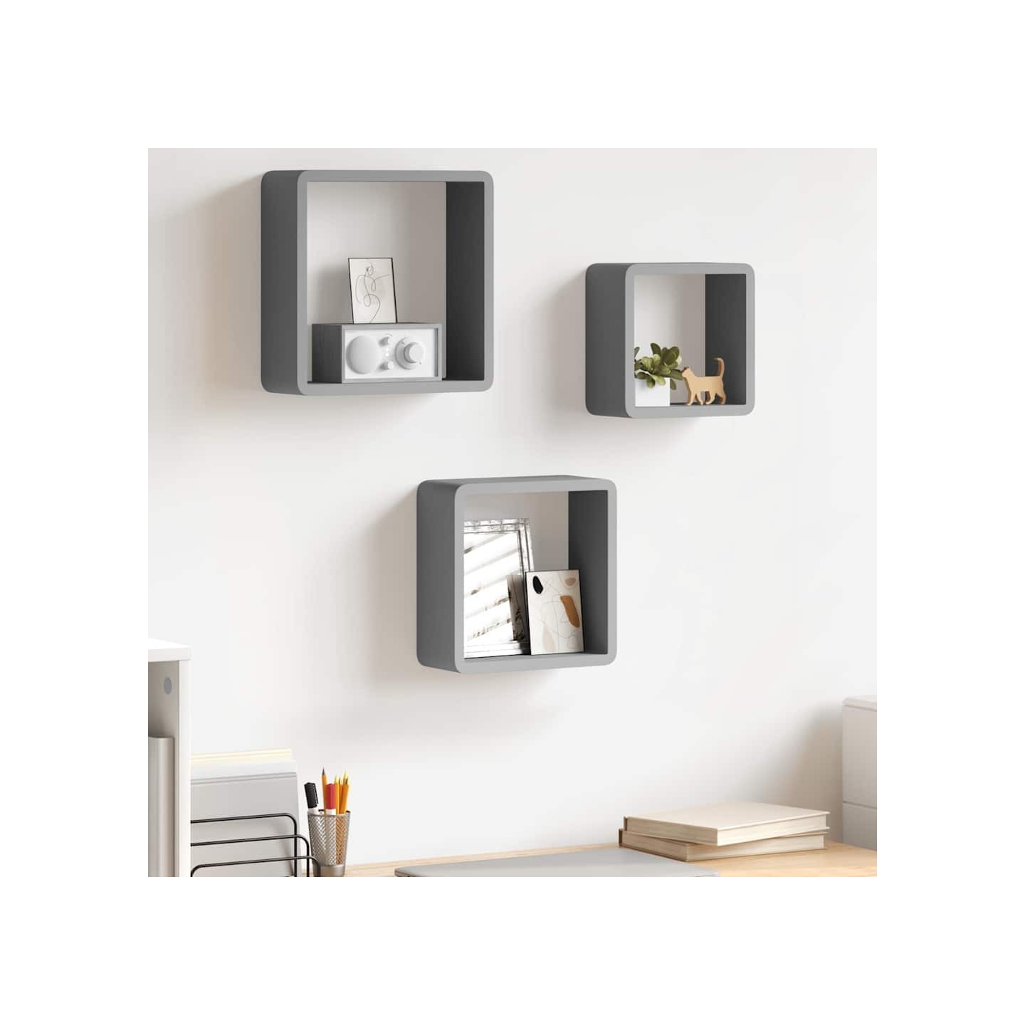 Étagères murales sous forme de cube 3 pcs Gris MDF