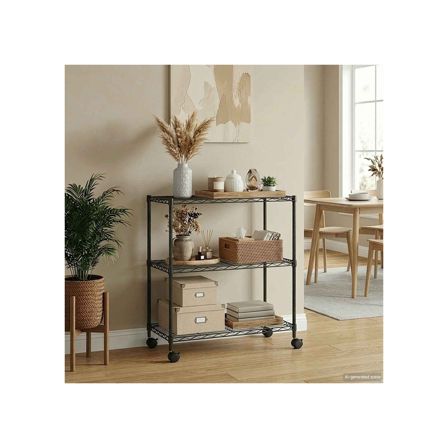 Étagère de rangement 3 niveaux et roues 60x35x81 cm noir 150 kg