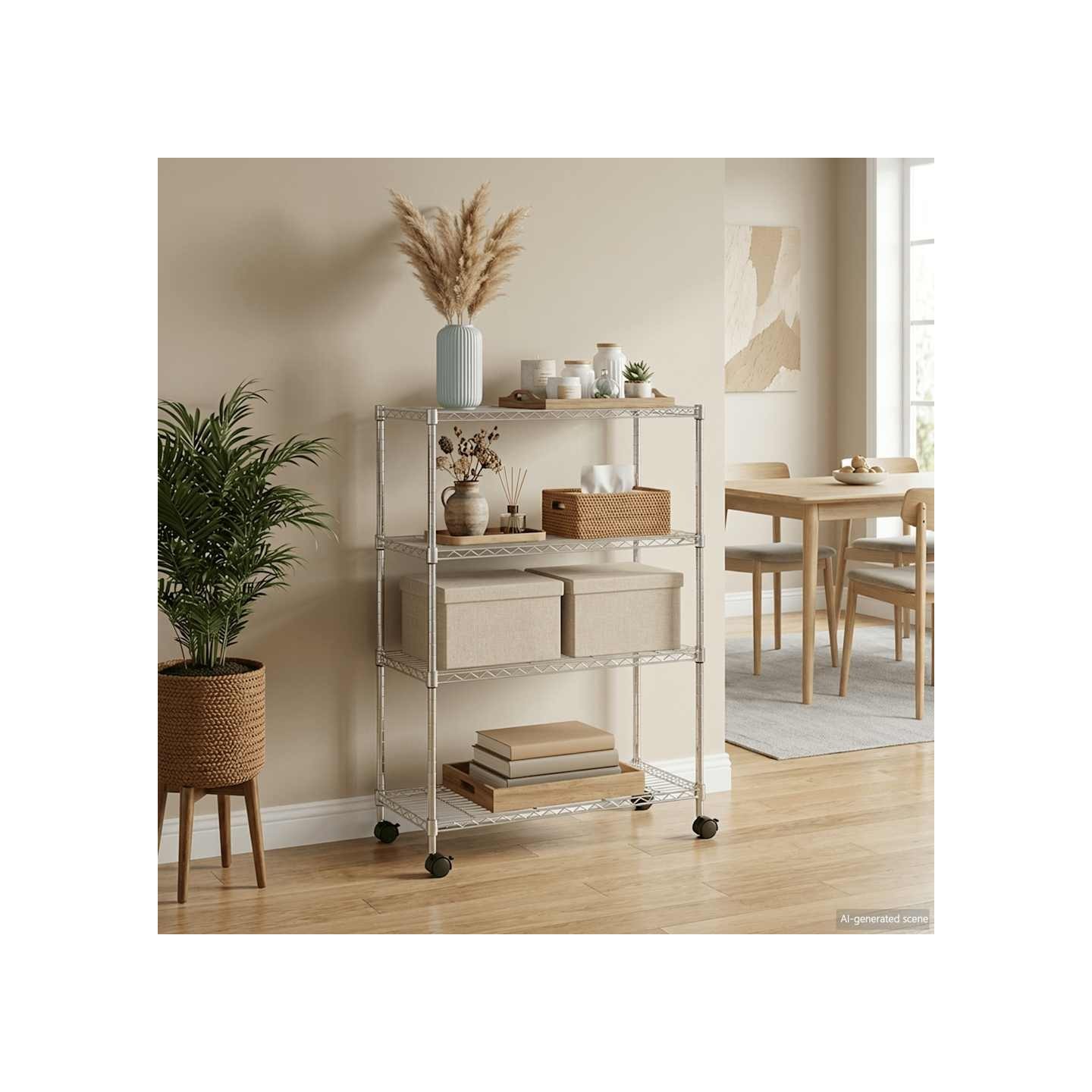 Étagère de rangement 4 niveaux et roues 90x35x142 cm chrome