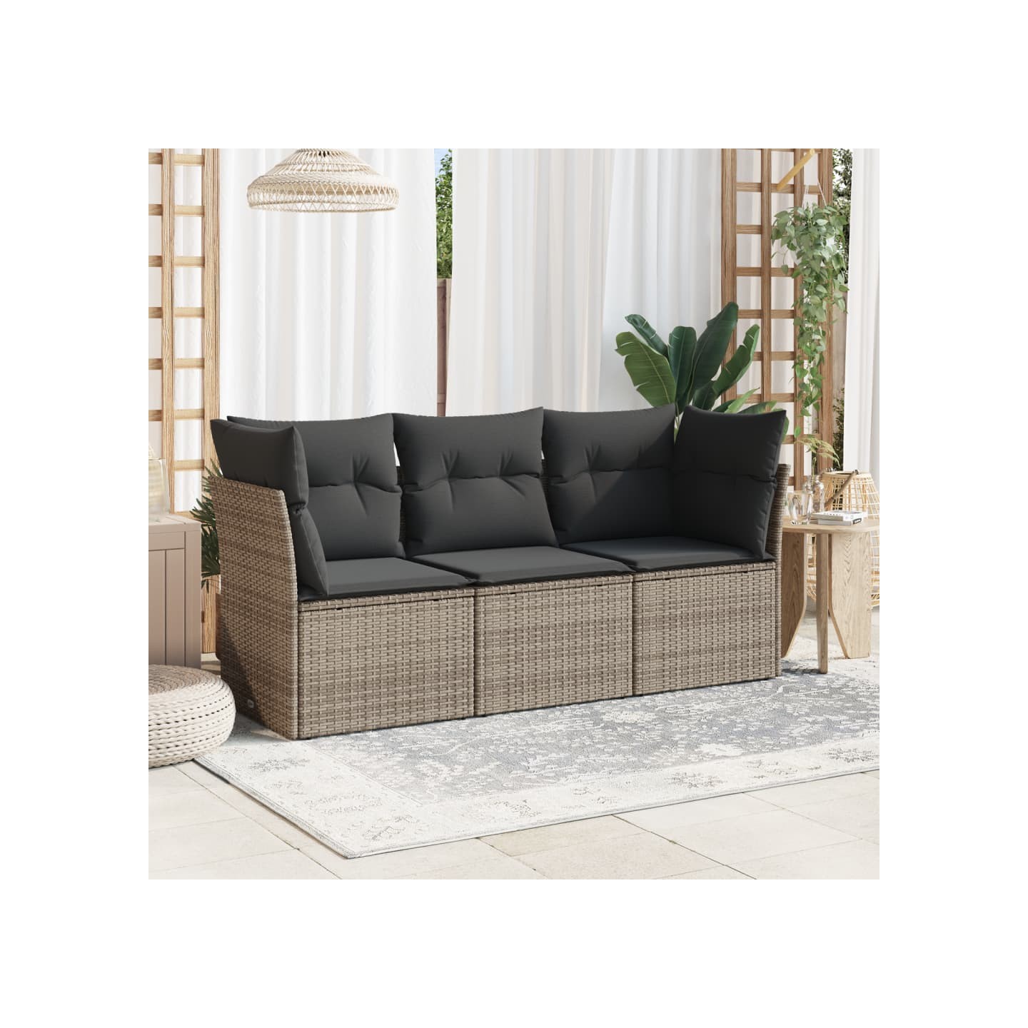 Salon de jardin avec coussins 3 pcs gris résine tressée