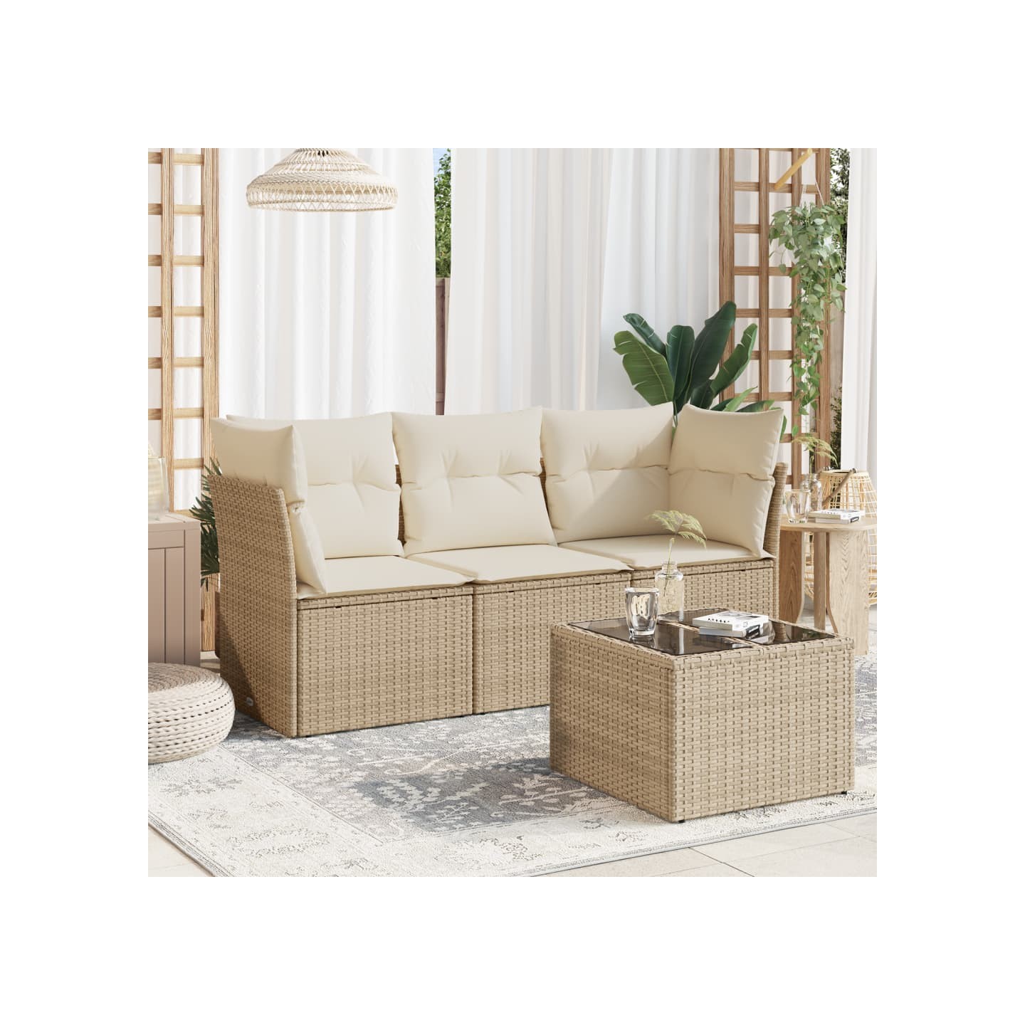 Salon de jardin avec coussins 4 pcs beige résine tressée