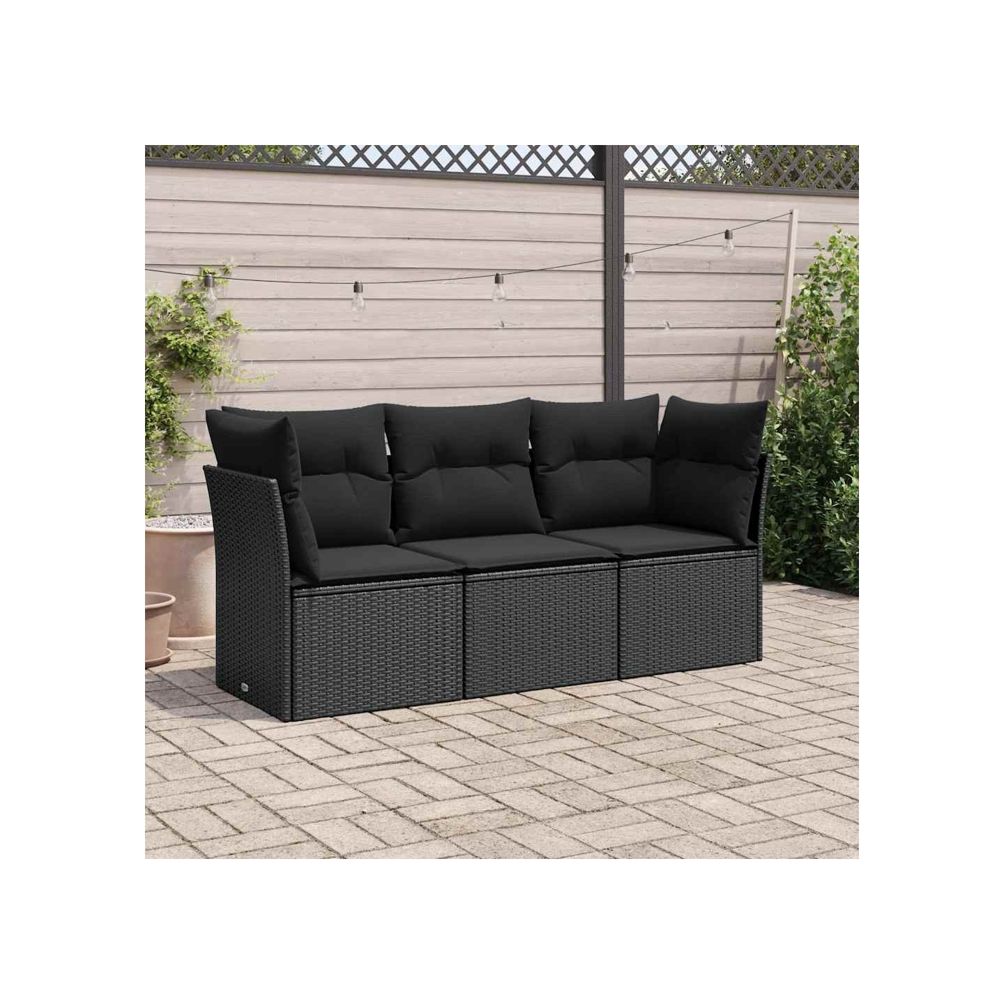 Salon de jardin 3 pcs avec coussins noir résine tressée